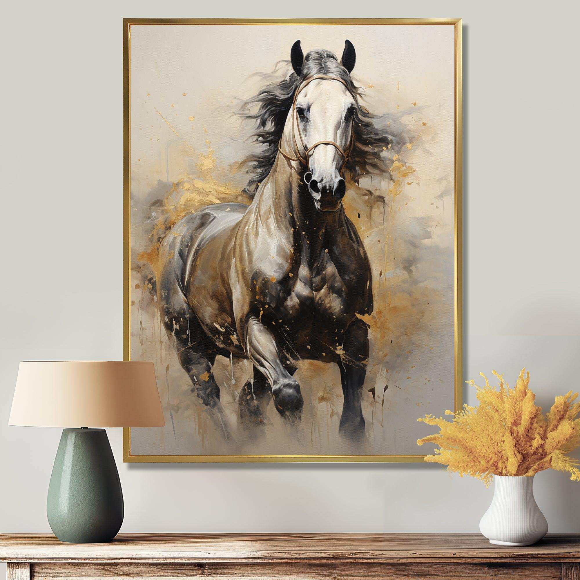 Beige Horse Golden Equestrian Pointillism - Animals Canvas Wall Art