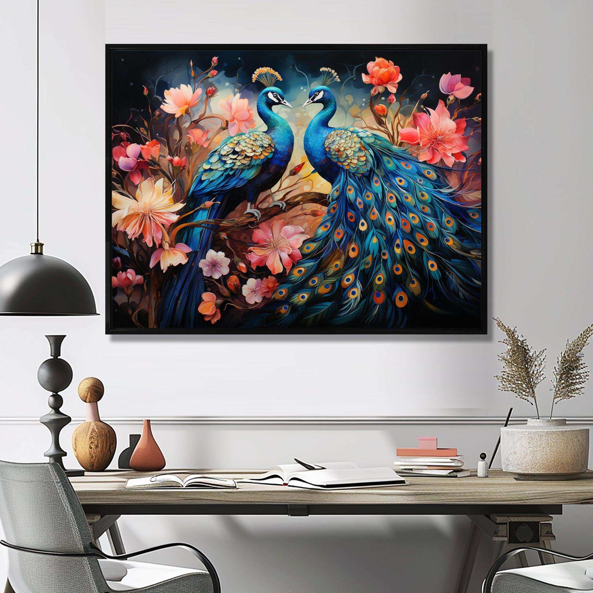 Blue Coral Indian Art Dancing Peacocks II - People Canvas Wall Art