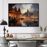 Beige Grey Indian Art Ghats Of - People Canvas Wall Art