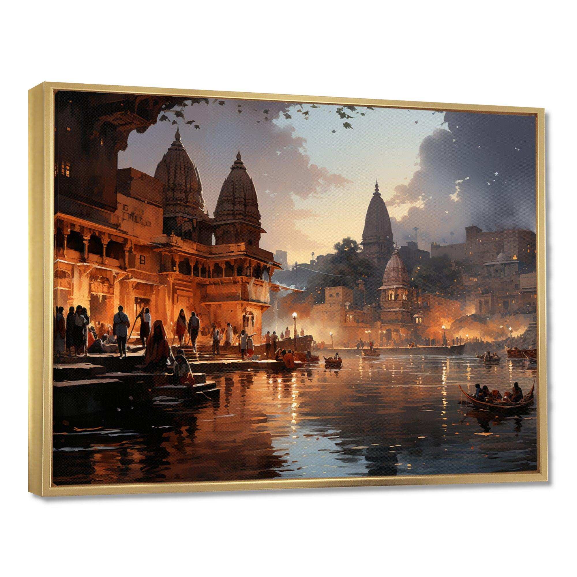Beige Grey Indian Art Ghats Of - People Canvas Wall Art