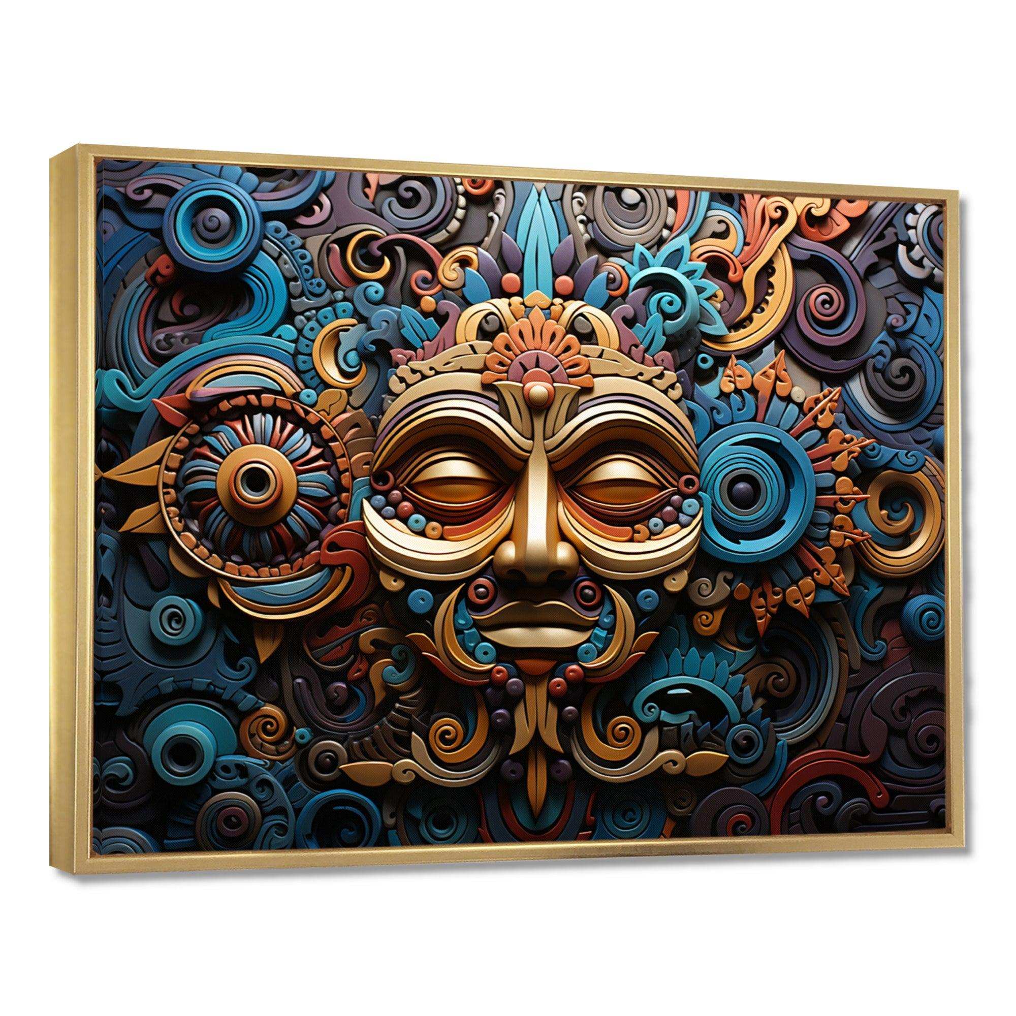 Teal Gold Mexico Vibrant Aztec Mask I - Landscapes Canvas Wall Art