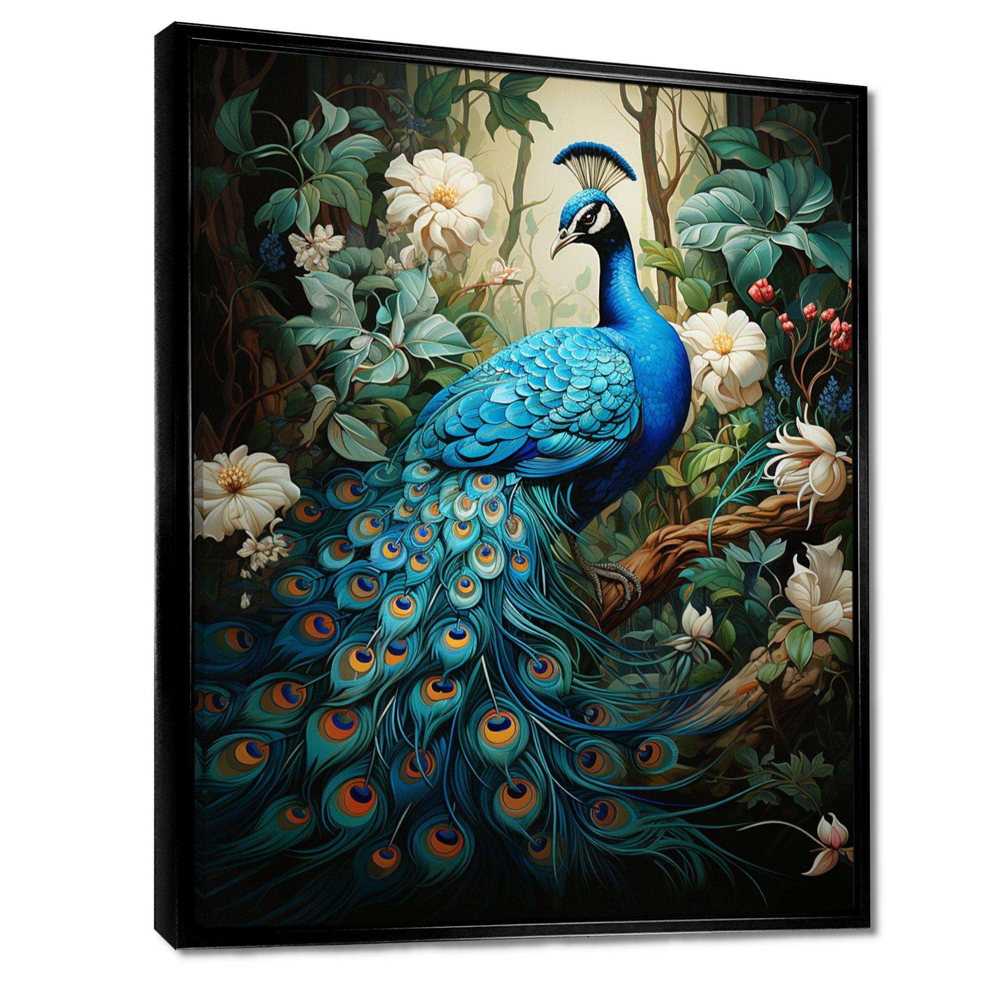 Teal Peacock Monochrome - Animals Canvas Wall Art