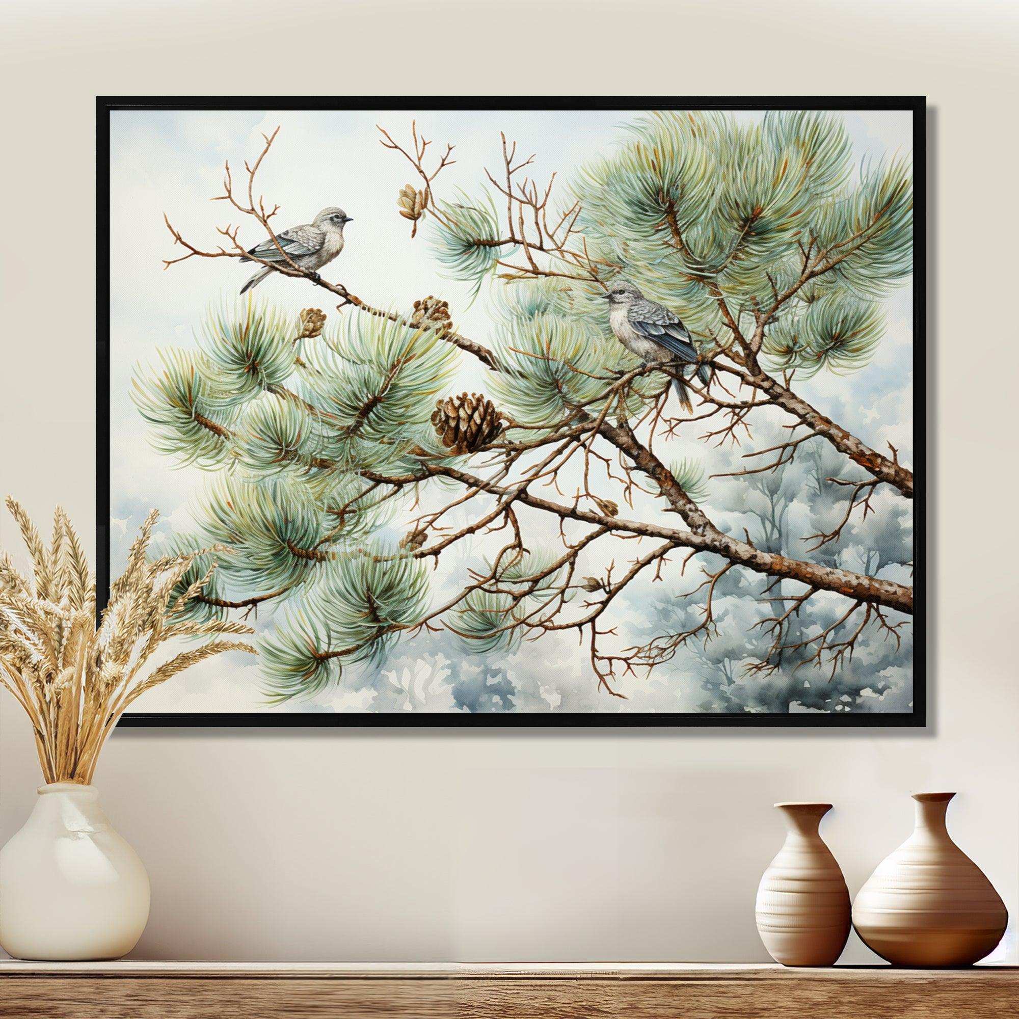 Bird On Pine Tree I - Floral Canvas Wall Art