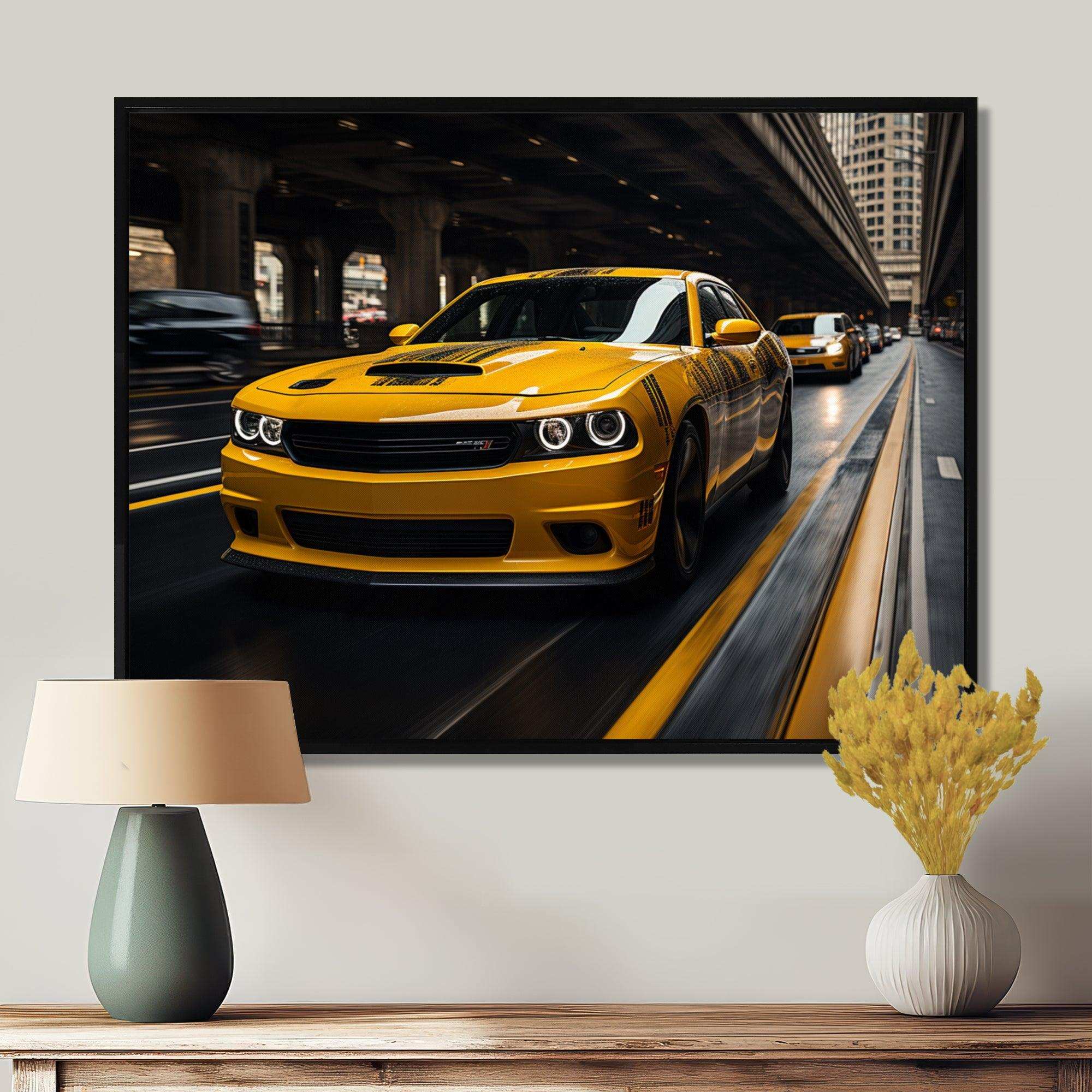 Yellow Car On Highway Symphony - Landscapes Canvas Wall Art