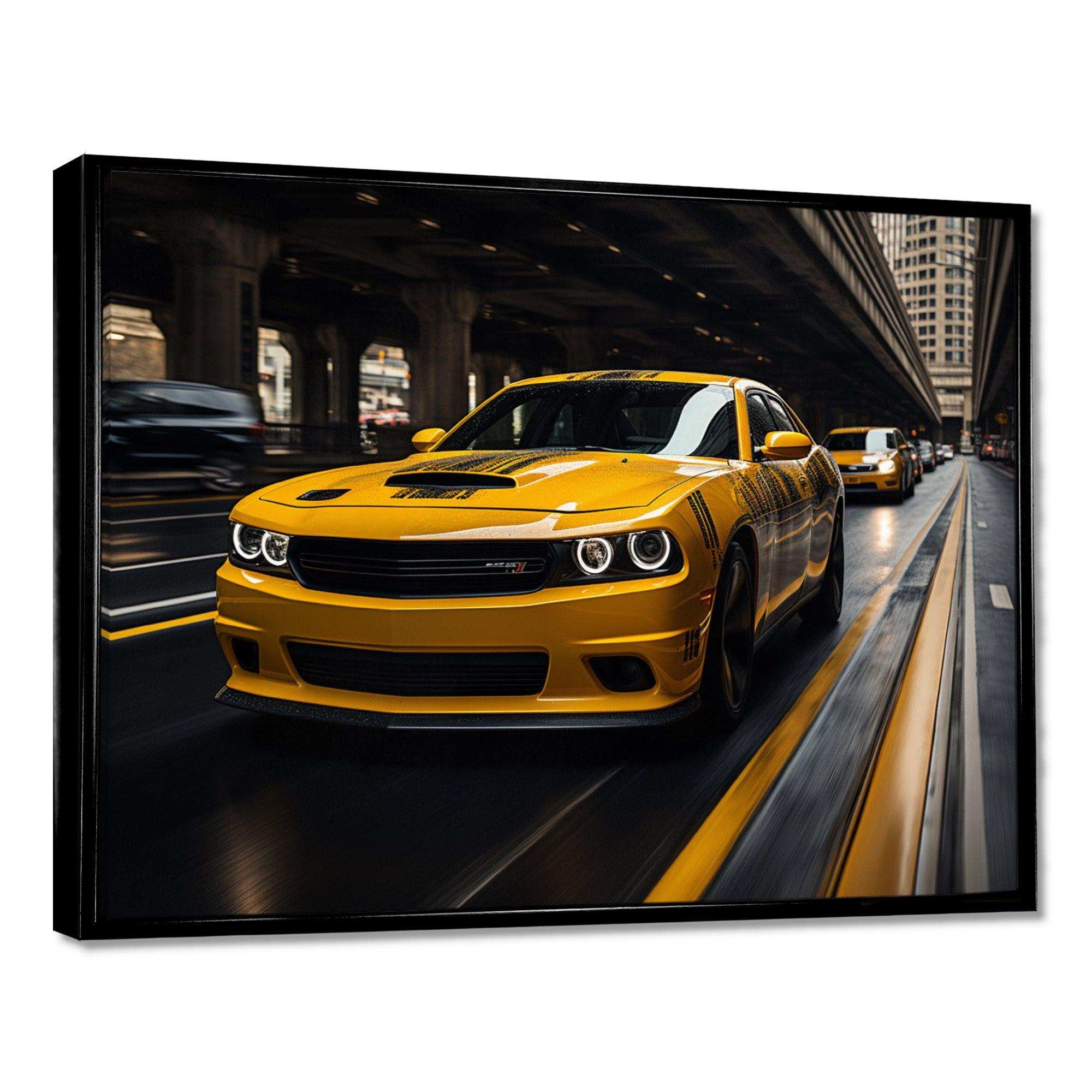 Yellow Car On Highway Symphony - Landscapes Canvas Wall Art