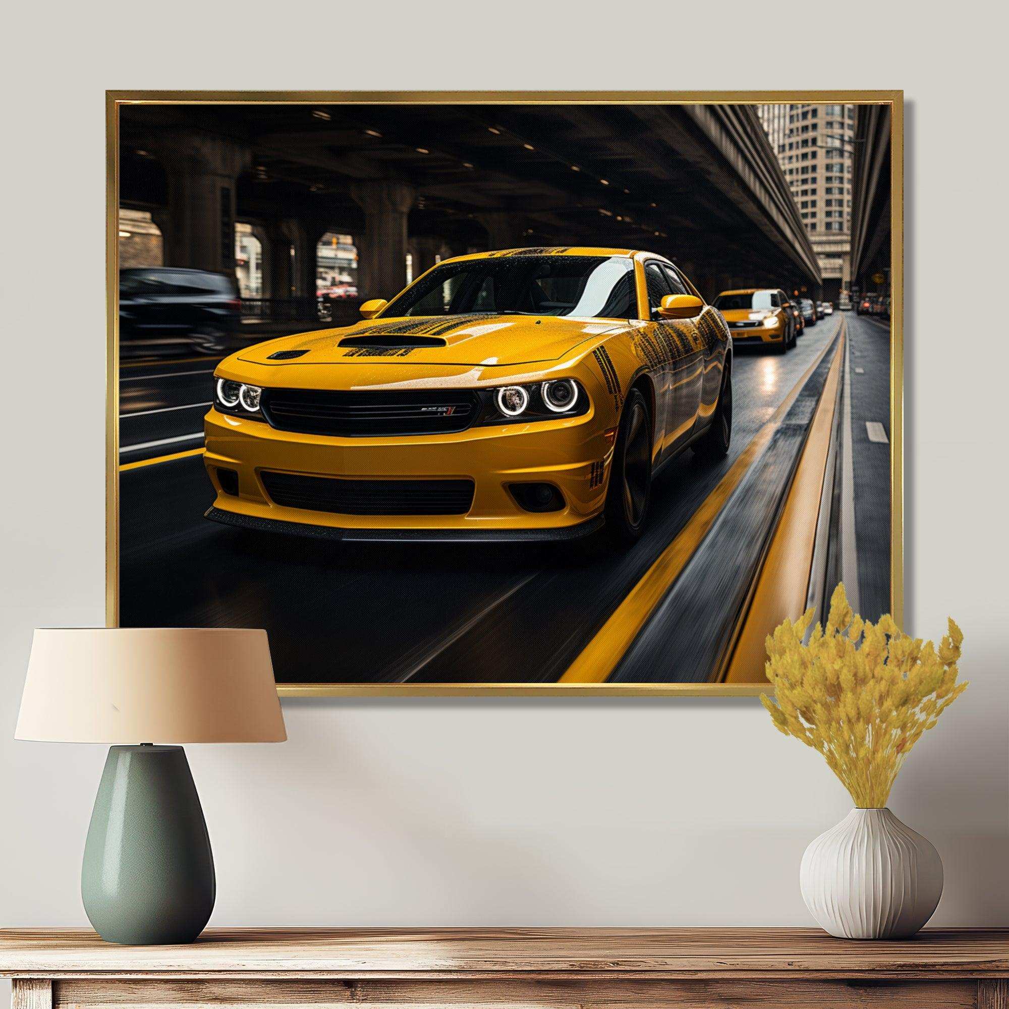 Yellow Car On Highway Symphony - Landscapes Canvas Wall Art