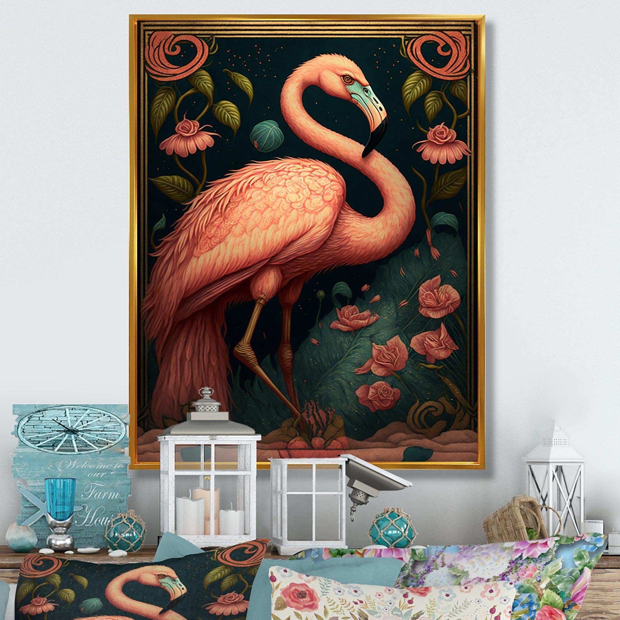 Vintage Pink Flamingo With Roses