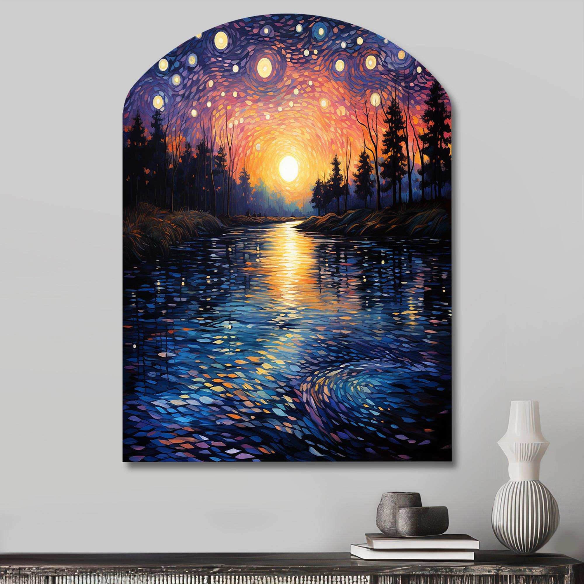 Vangogh Twilight Reflections Pointillism - Asymmetric Metal Wall Art