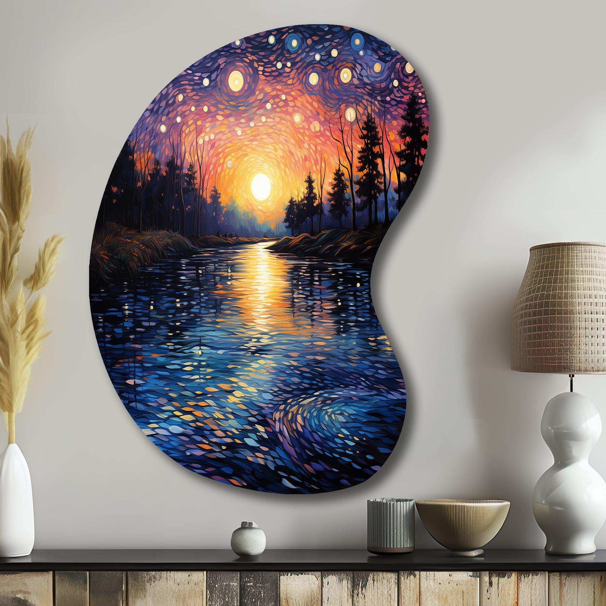 Vangogh Twilight Reflections Pointillism - Asymmetric Metal Wall Art