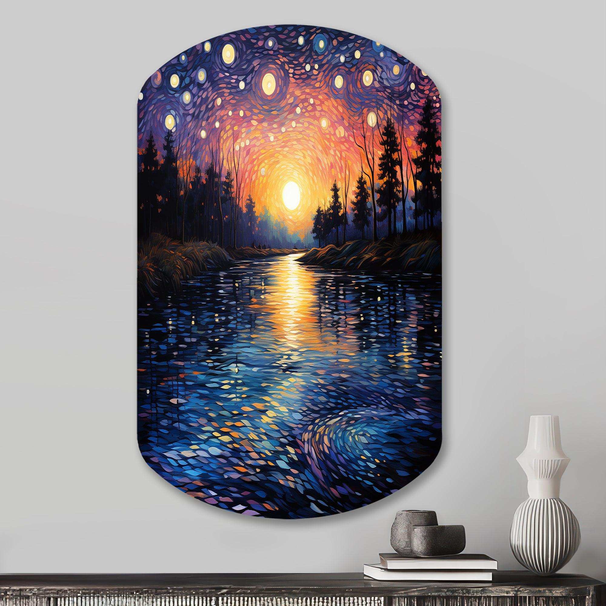 Vangogh Twilight Reflections Pointillism - Asymmetric Metal Wall Art
