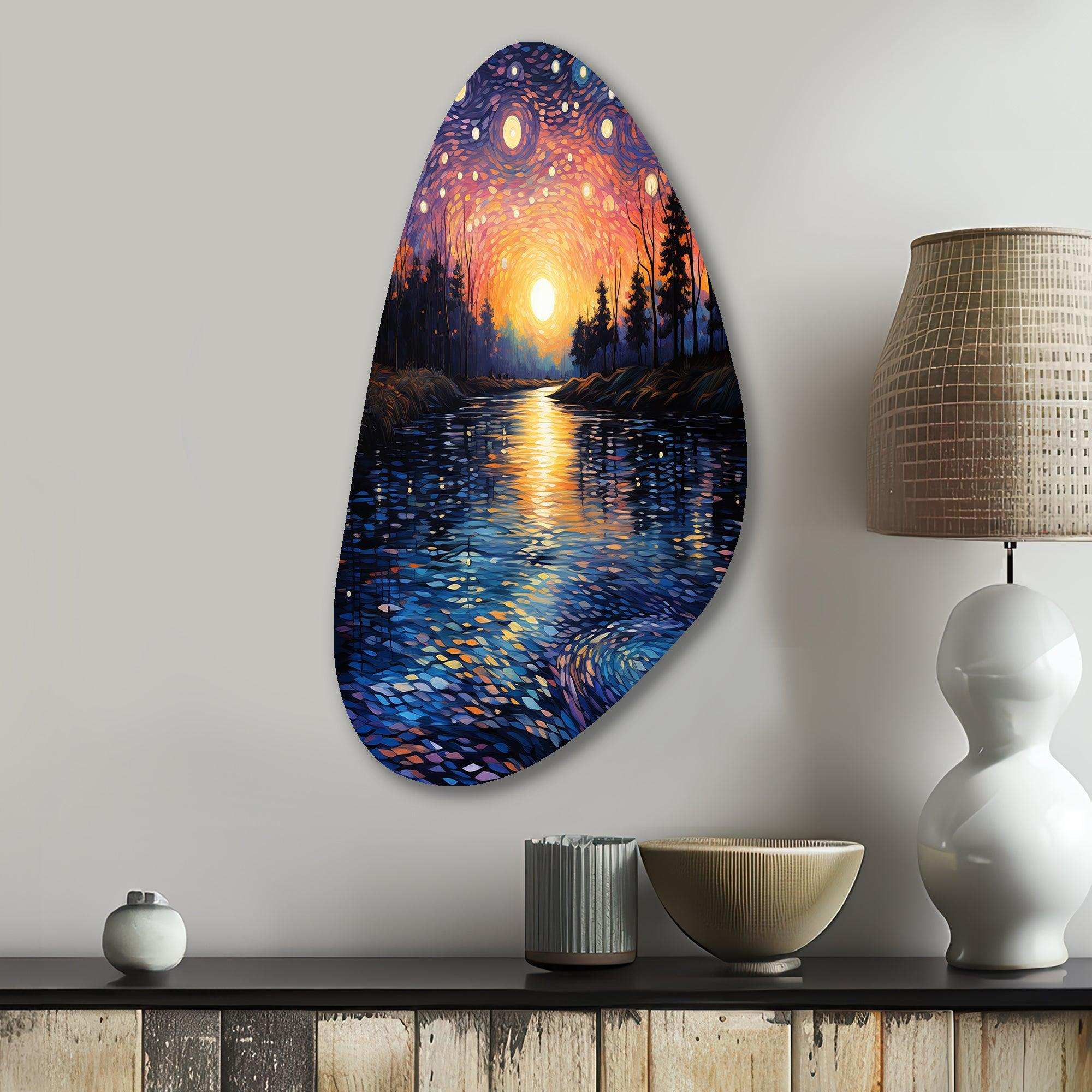Vangogh Twilight Reflections Pointillism - Asymmetric Metal Wall Art