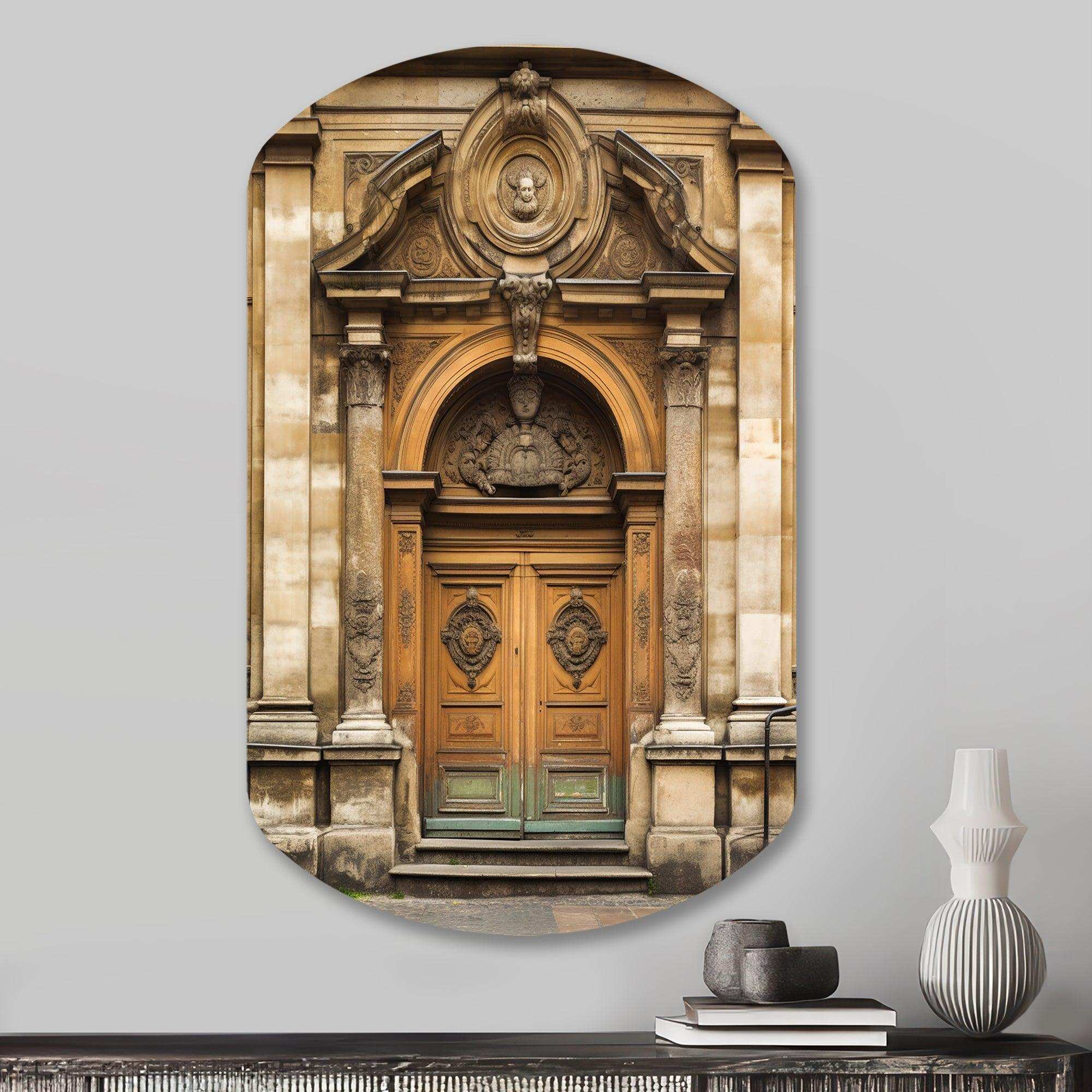 Old Wooden Door With Carvings in Paris, France I - Asymmetric Metal Wall Art