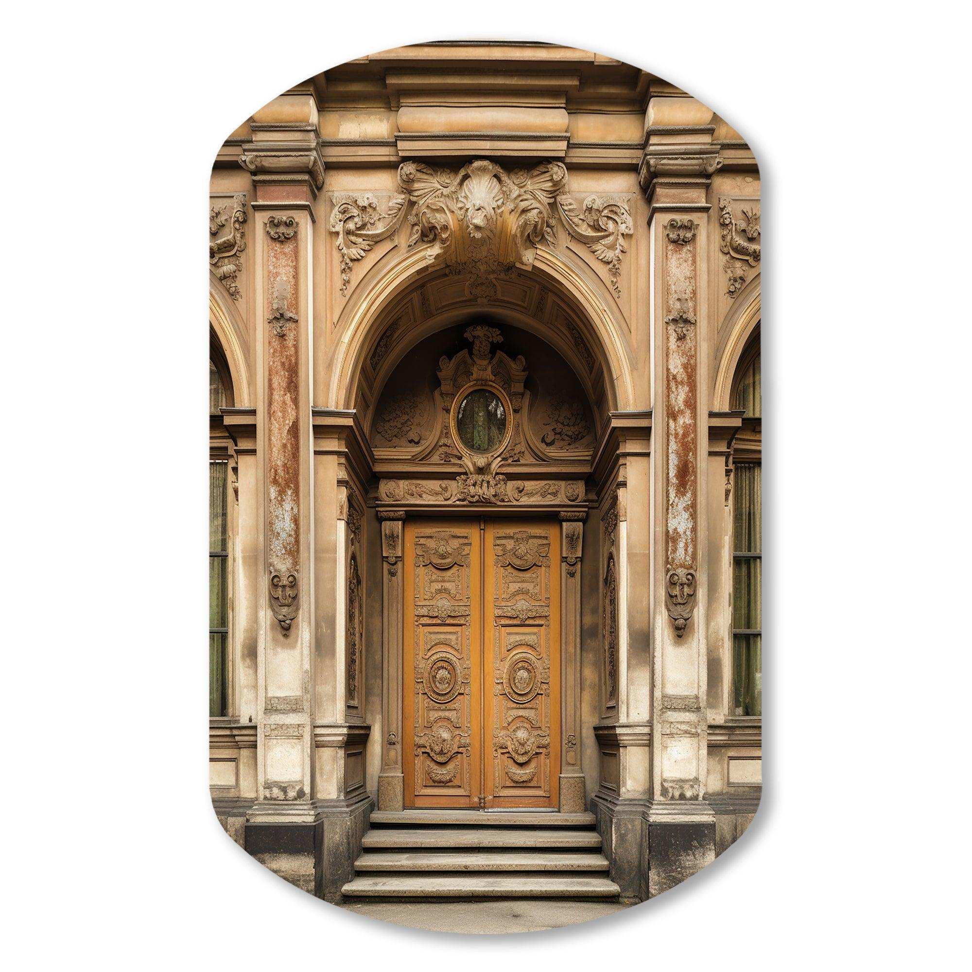 Old Wooden Door With Carvings in Paris, France II - Asymmetric Metal Wall Art