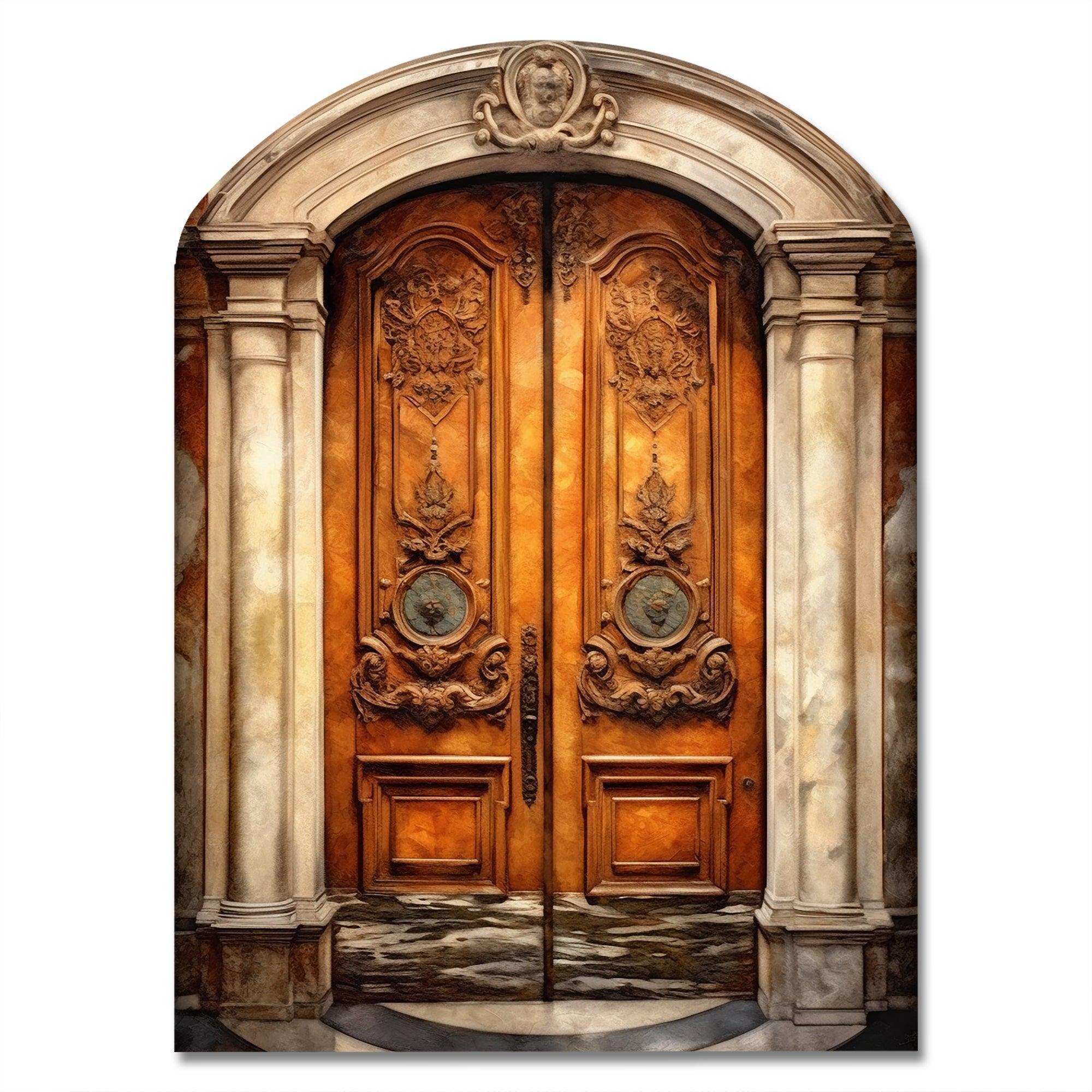 Old Wooden Door With Carvings in Paris, France III - Asymmetric Metal Wall Art