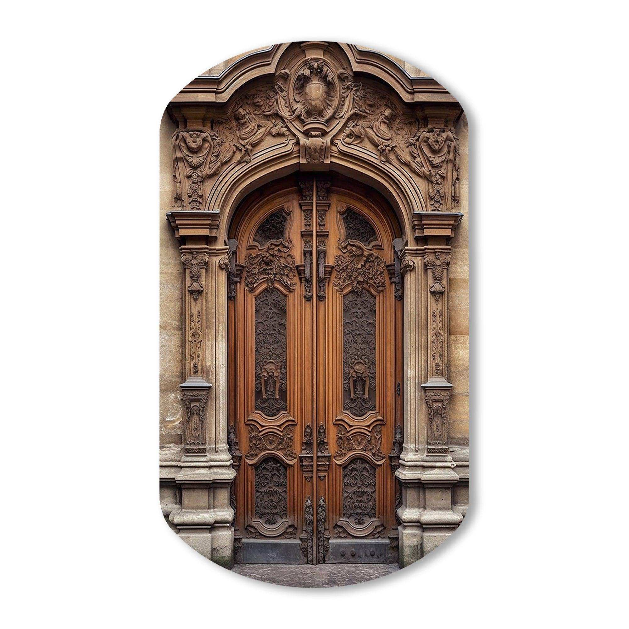 Old Wooden Door With Carvings in Paris, France IV - Asymmetric Metal Wall Art
