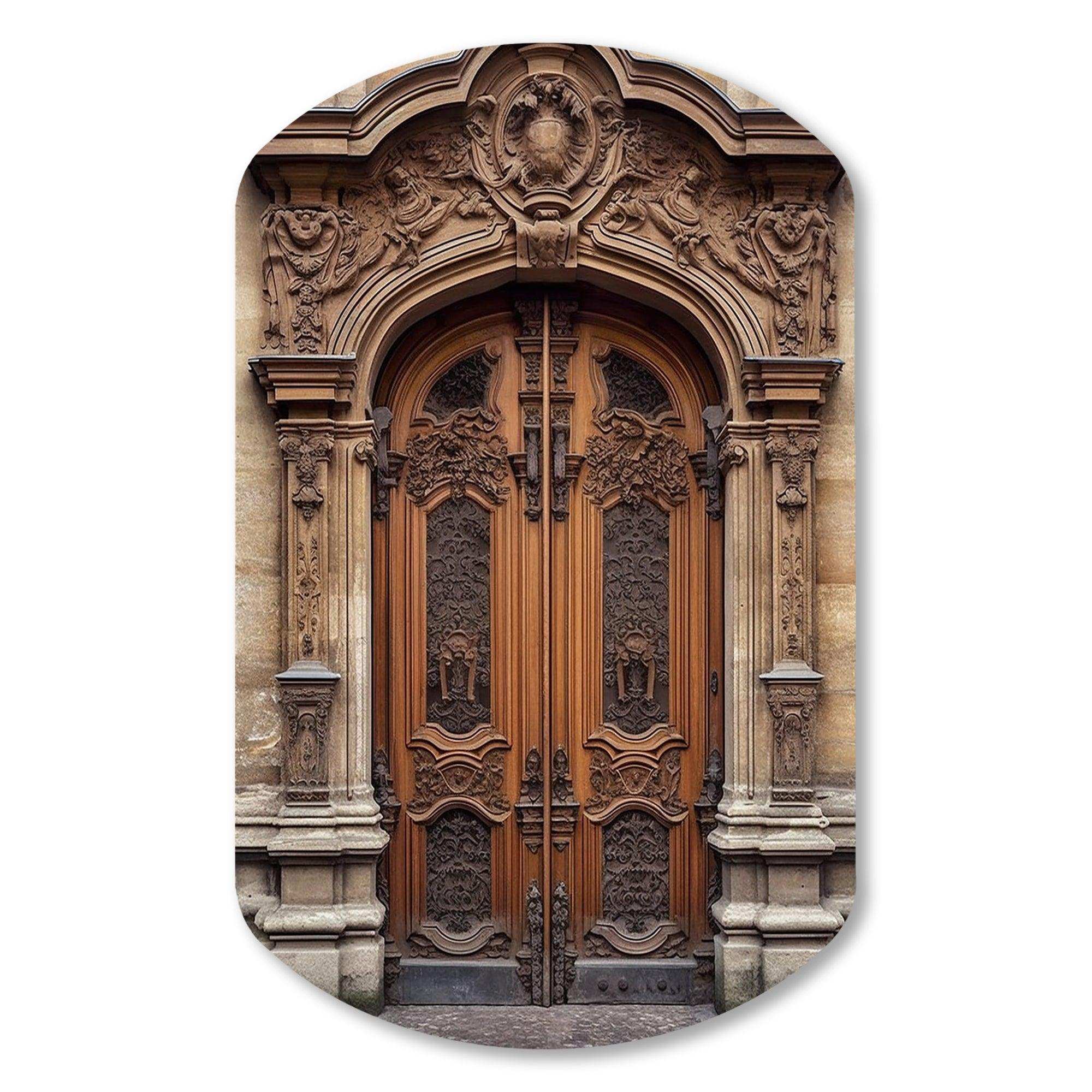 Old Wooden Door With Carvings in Paris, France IV - Asymmetric Metal Wall Art