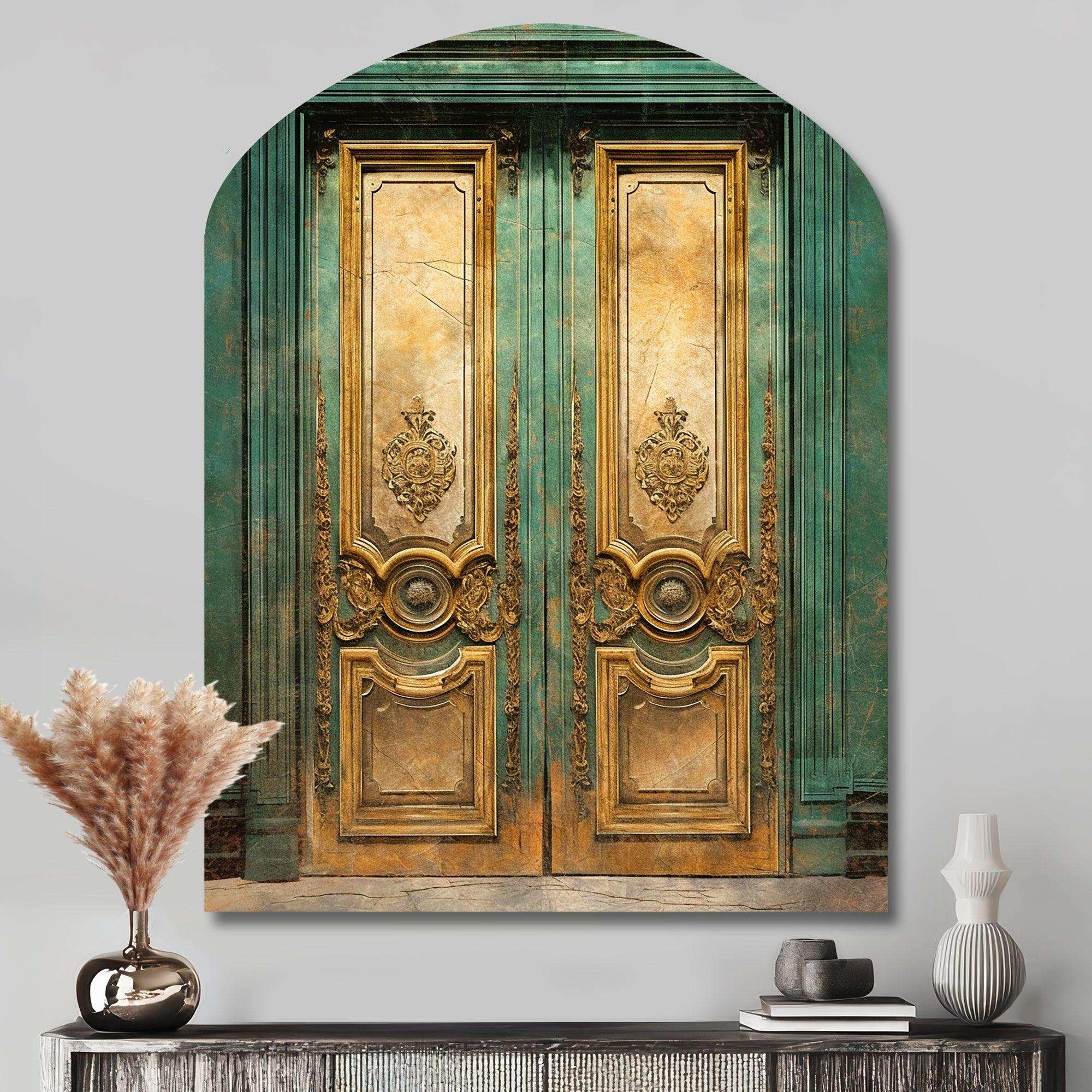 Old Wooden Door With Carvings in Paris, France VI - Asymmetric Metal Wall Art