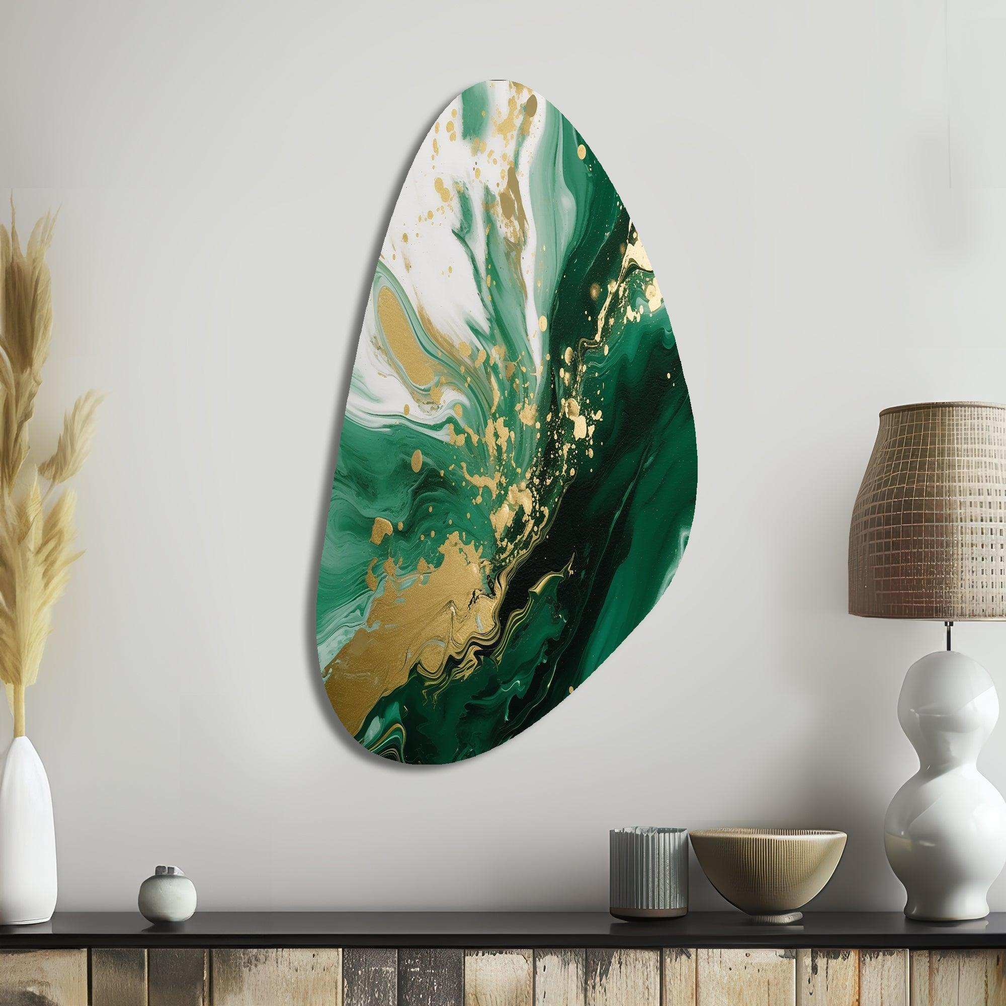 Green and Gold Serene Cascade III - Asymmetric Metal Wall Art