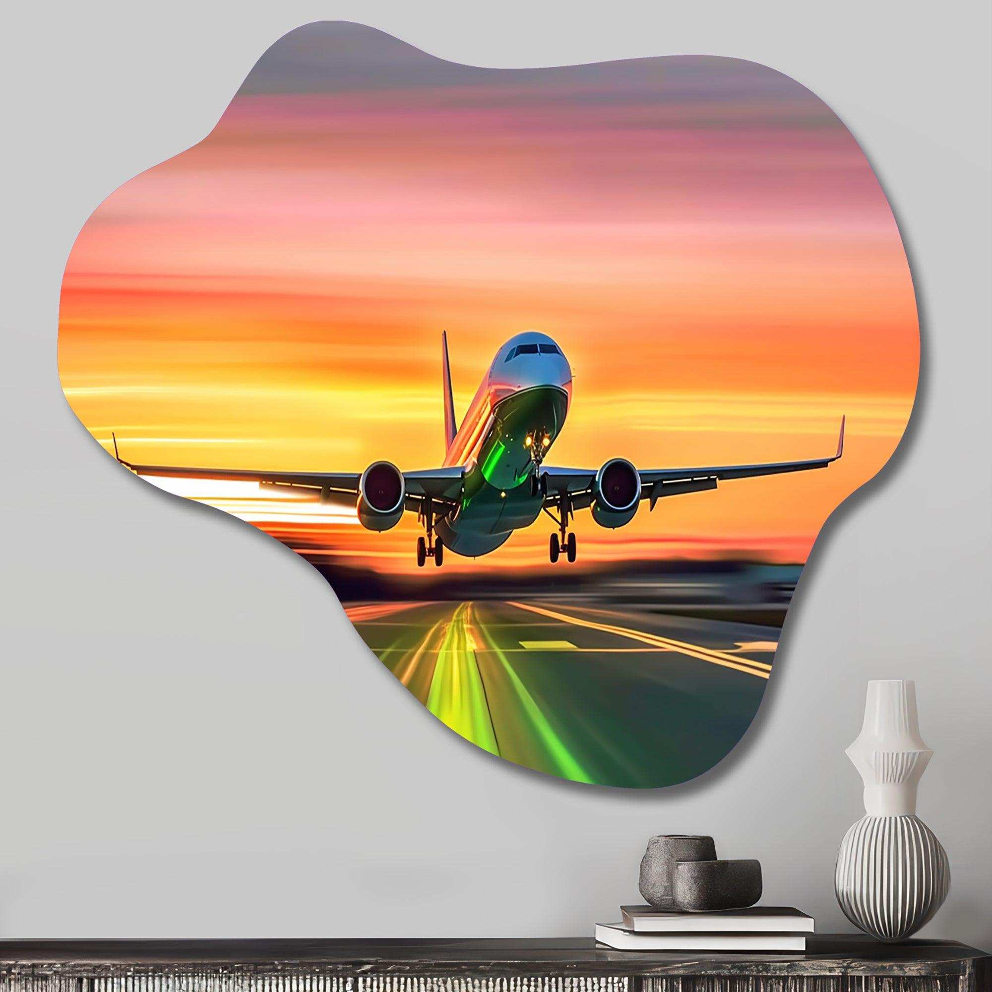Sunset Airplane On The Tarmac II - Asymmetric Metal Wall Art