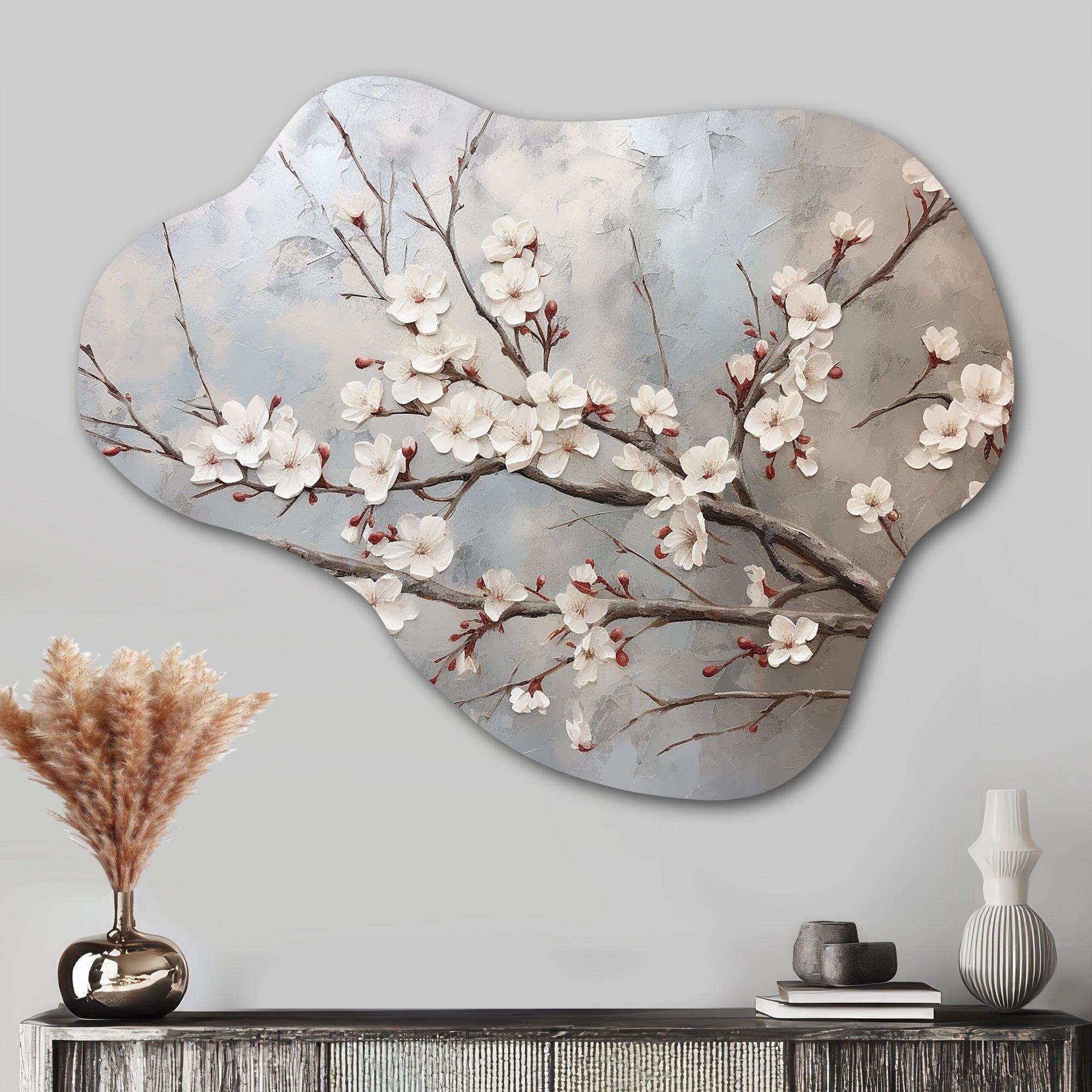 Minimalism Grey And Beige Cherry Blossom I - Asymmetric Metal Wall Art