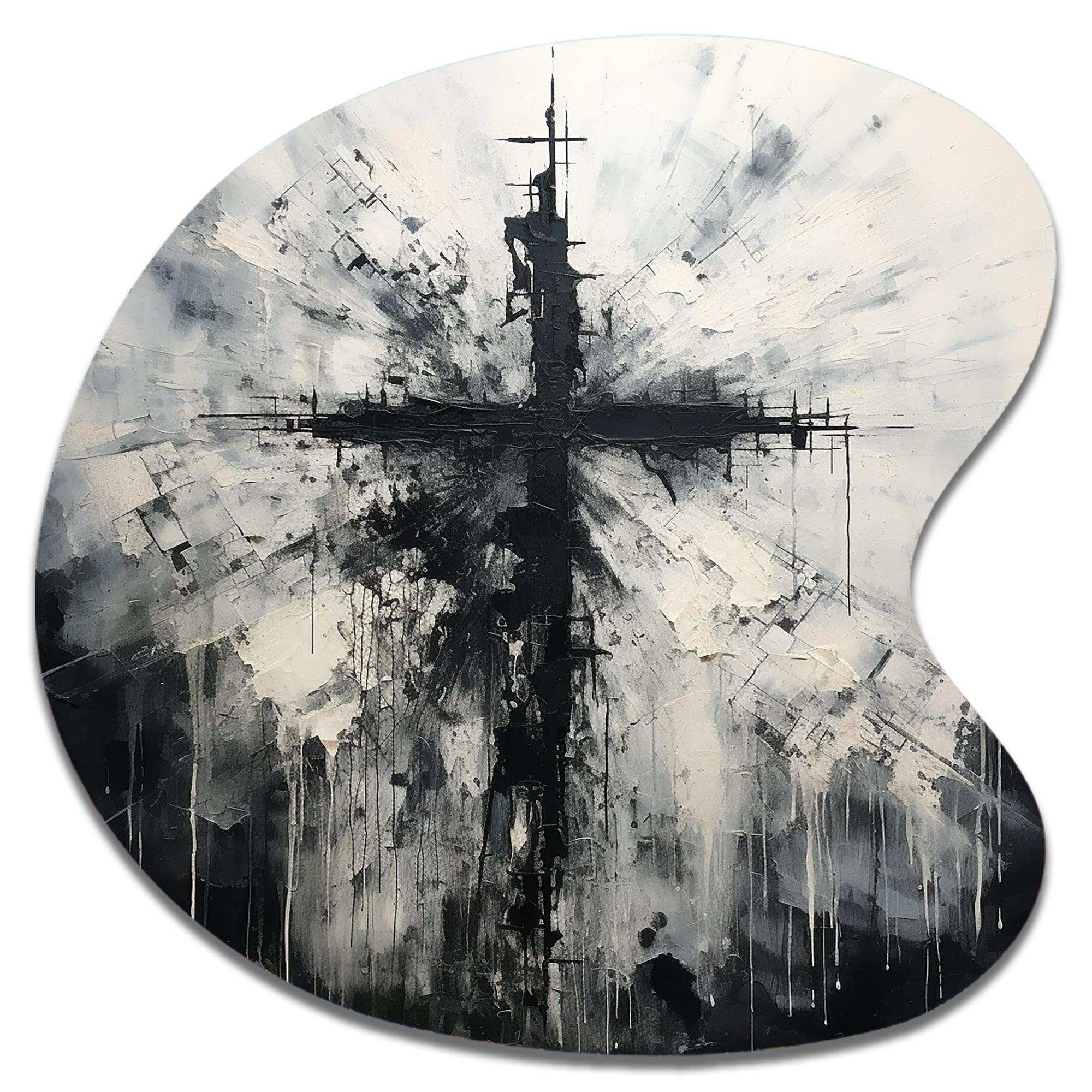 Minimalism Black And White Religious Cross - Asymmetric Metal Wall Art