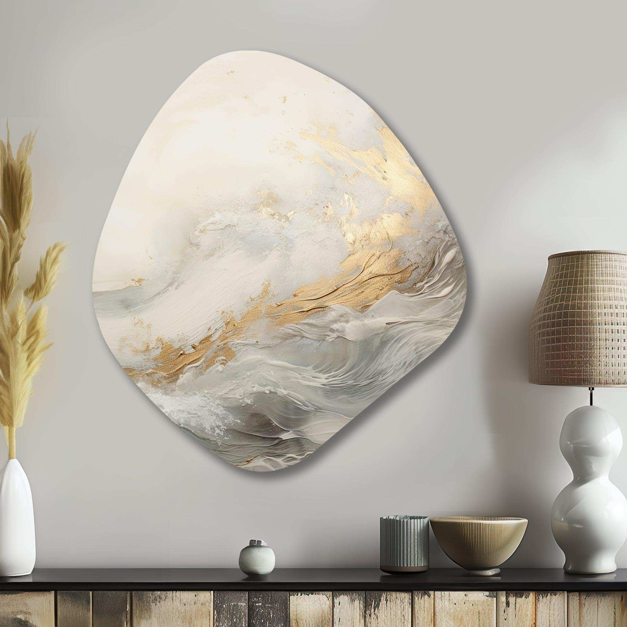 Modern Coastal Beige And Gold River II - Asymmetric Metal Wall Art