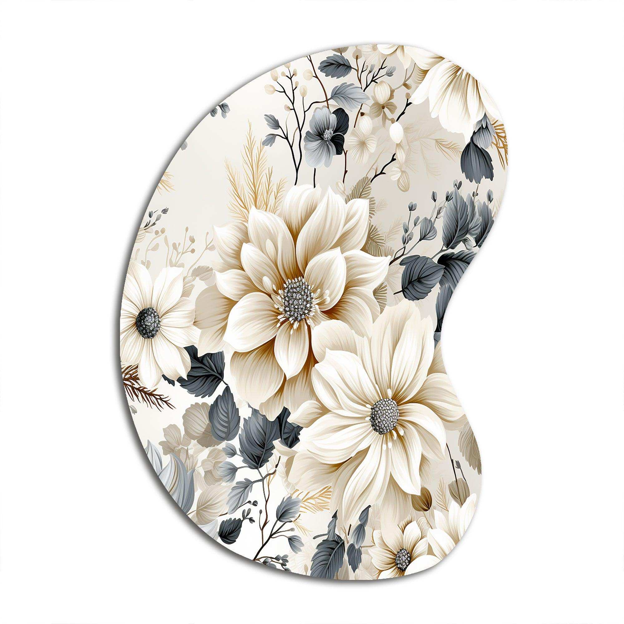 Ethereal Blue And White Chrysanthemum Boho Pattern - Asymmetric Metal Wall Art