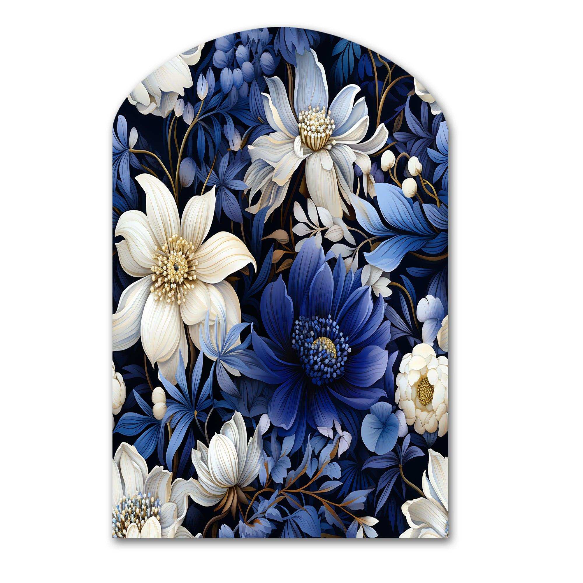 Deep Indigo Moonlit Flowers - Asymmetric Metal Wall Art