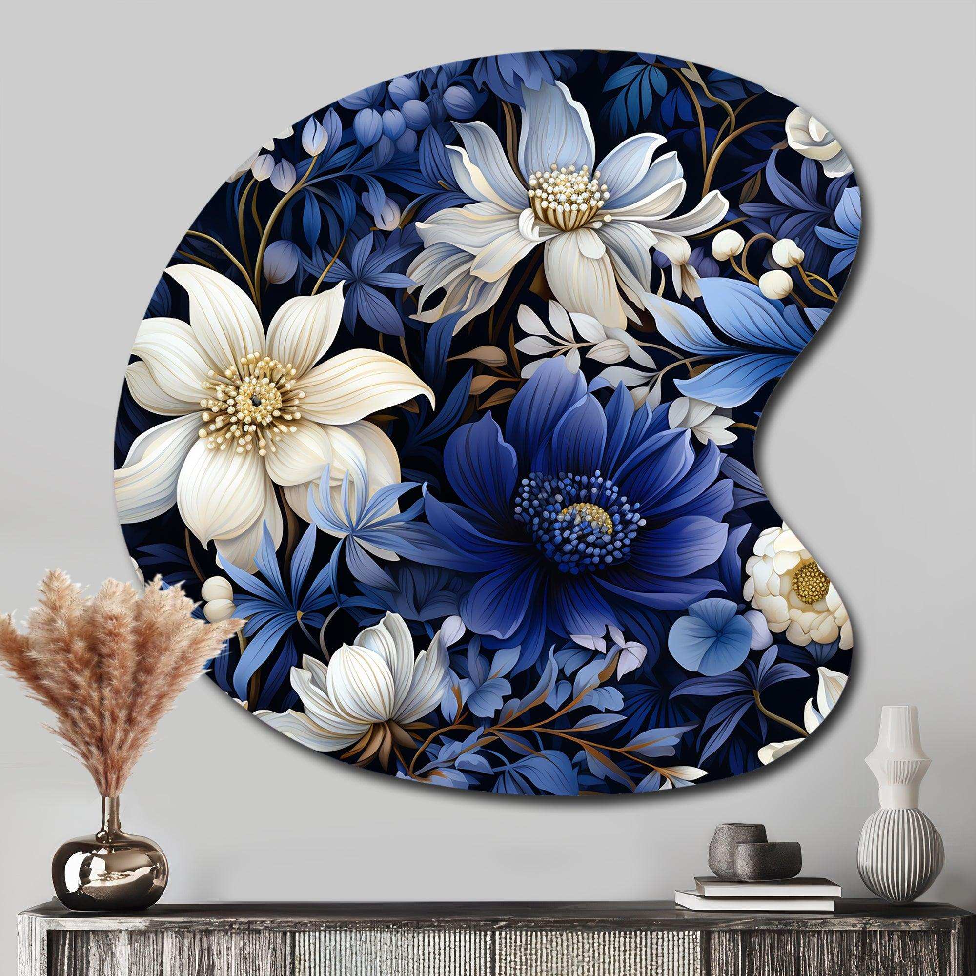 Deep Indigo Moonlit Flowers - Asymmetric Metal Wall Art