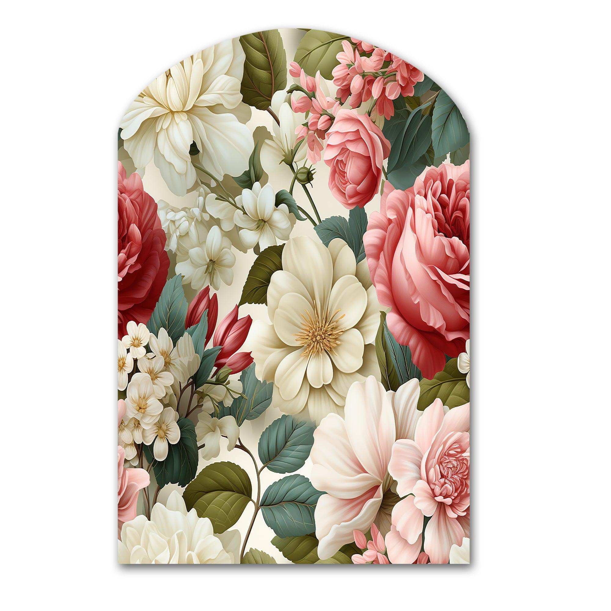 Antique Rose Muted Green Garden - Asymmetric Metal Wall Art
