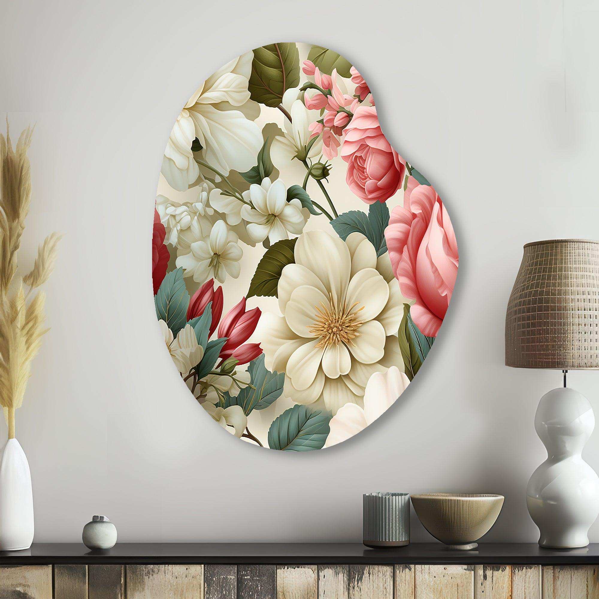 Antique Rose Muted Green Garden - Asymmetric Metal Wall Art