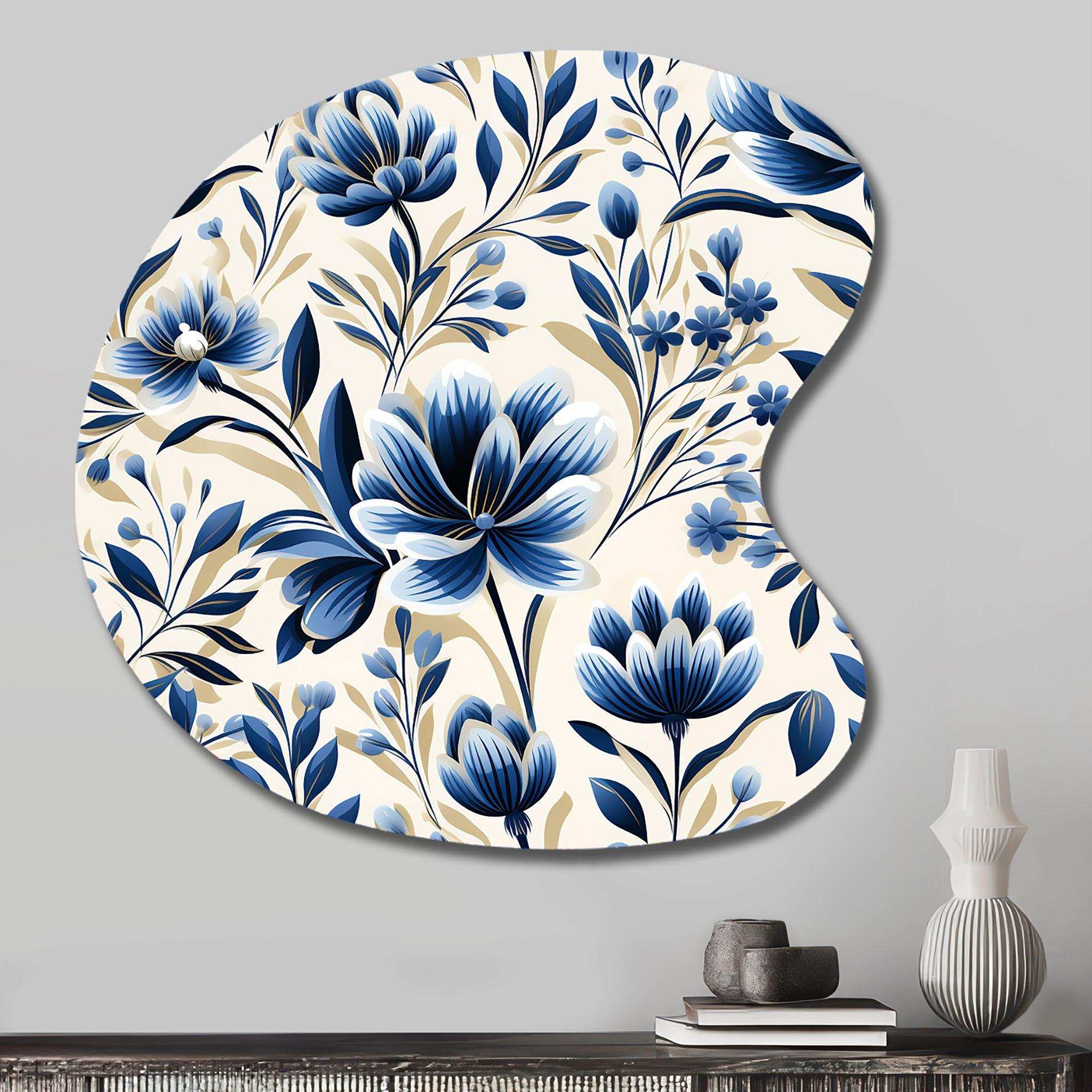Blue And White Damask Flower - Asymmetric Metal Wall Art