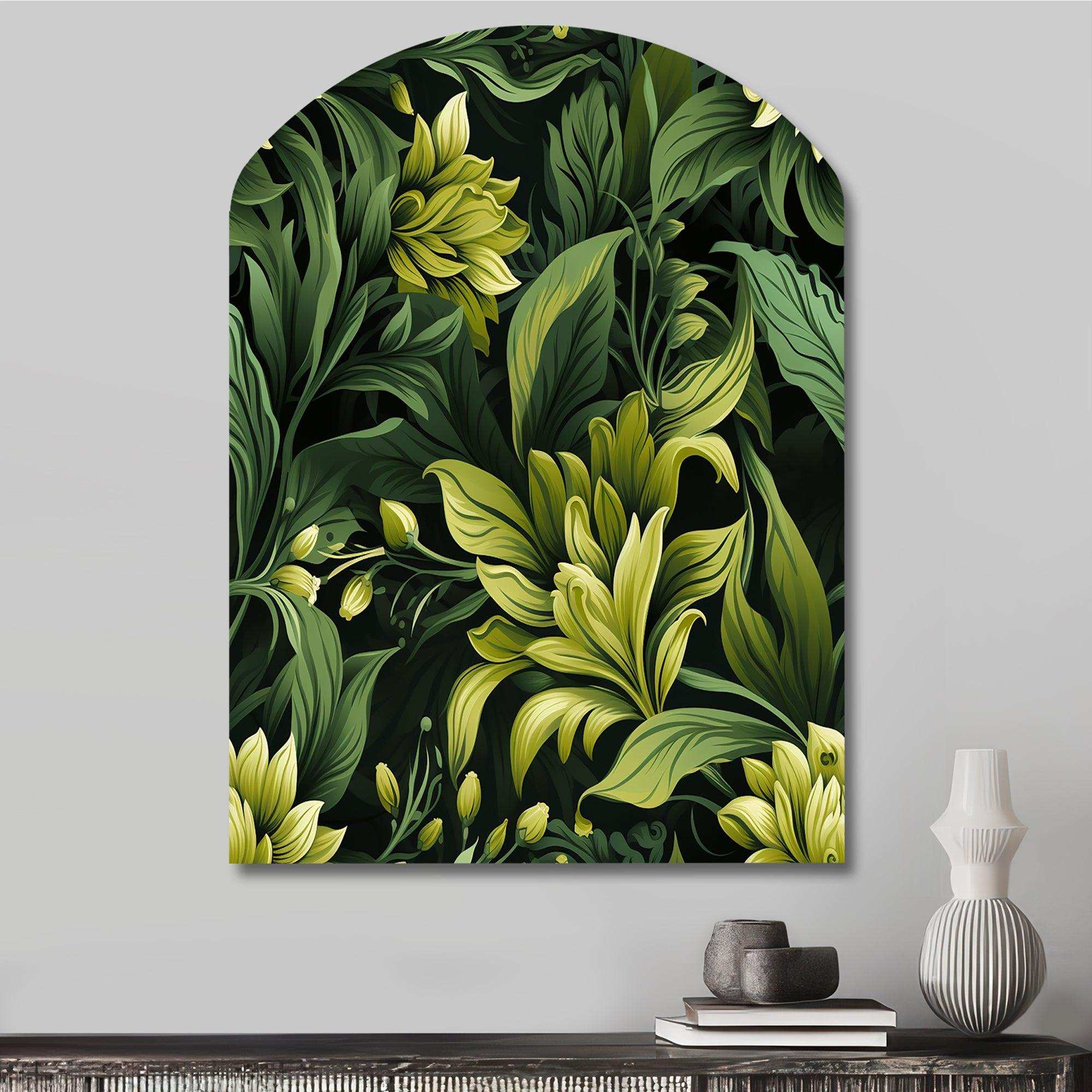 Tropical Green Jungle Damask - Asymmetric Metal Wall Art