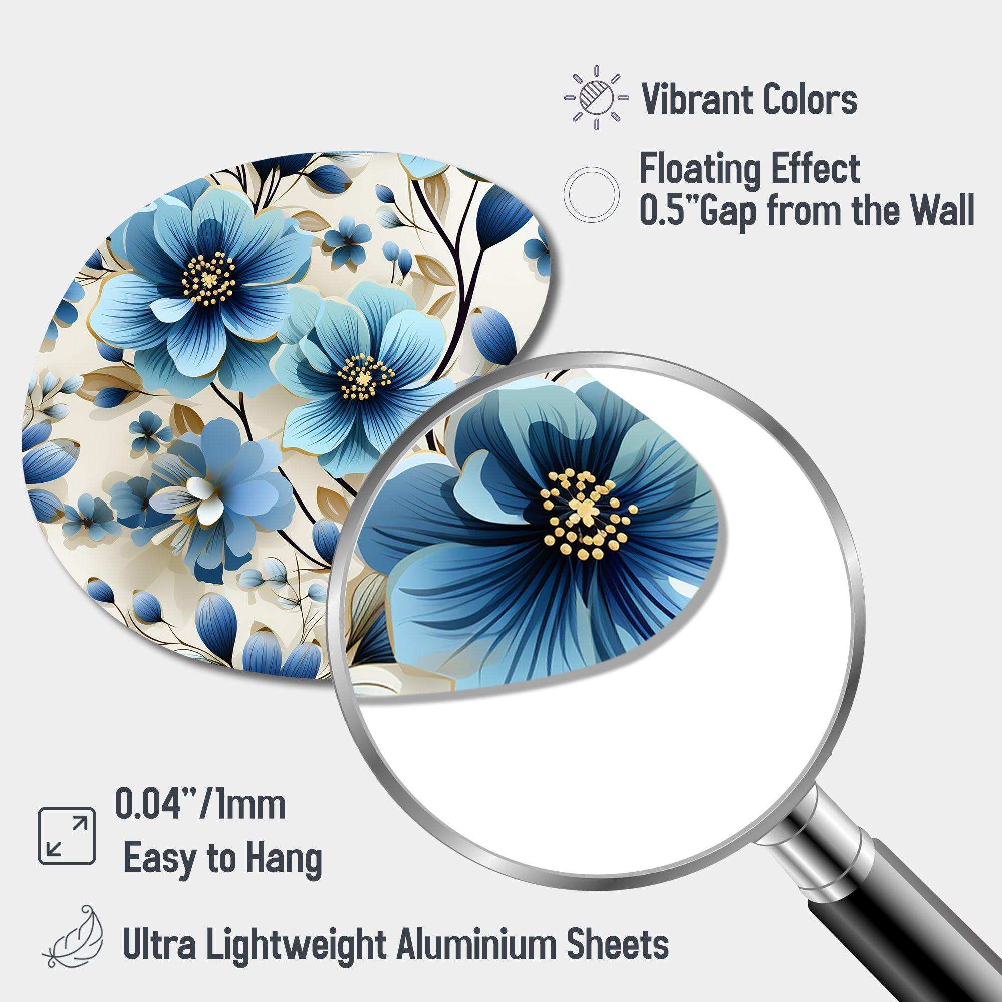 Blue Coastal Elegance Floral Pattern - Asymmetric Metal Wall Art