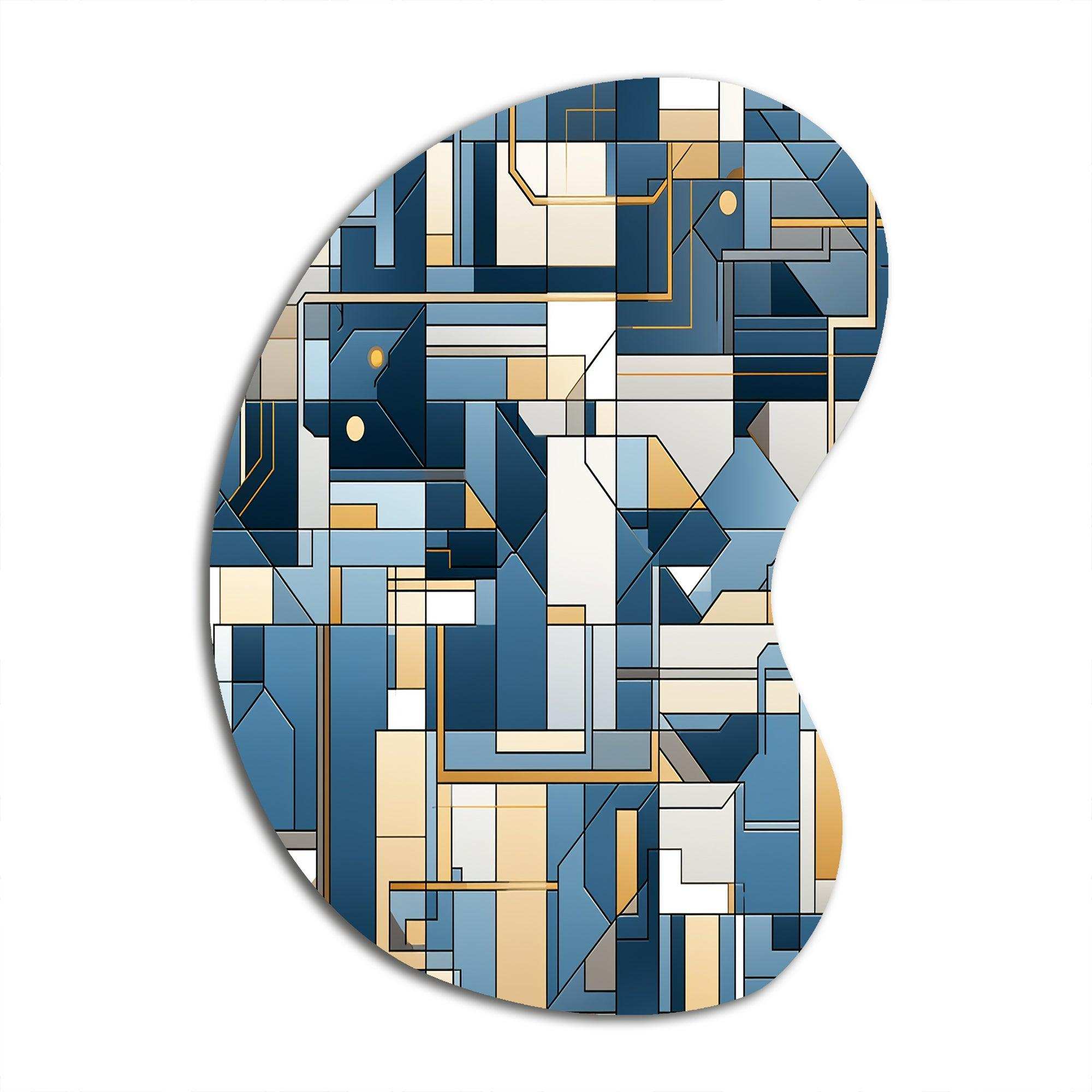 Earthy Cobalt Blue And Beige Mosaic Geometric - Asymmetric Metal Wall Art
