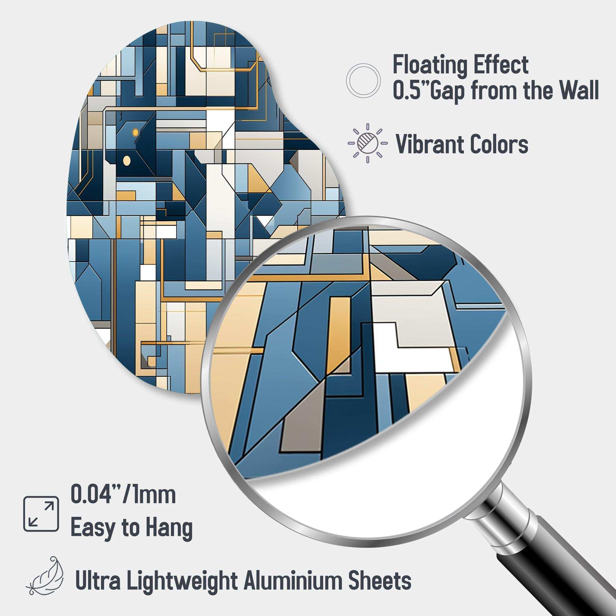 Earthy Cobalt Blue And Beige Mosaic Geometric - Asymmetric Metal Wall Art