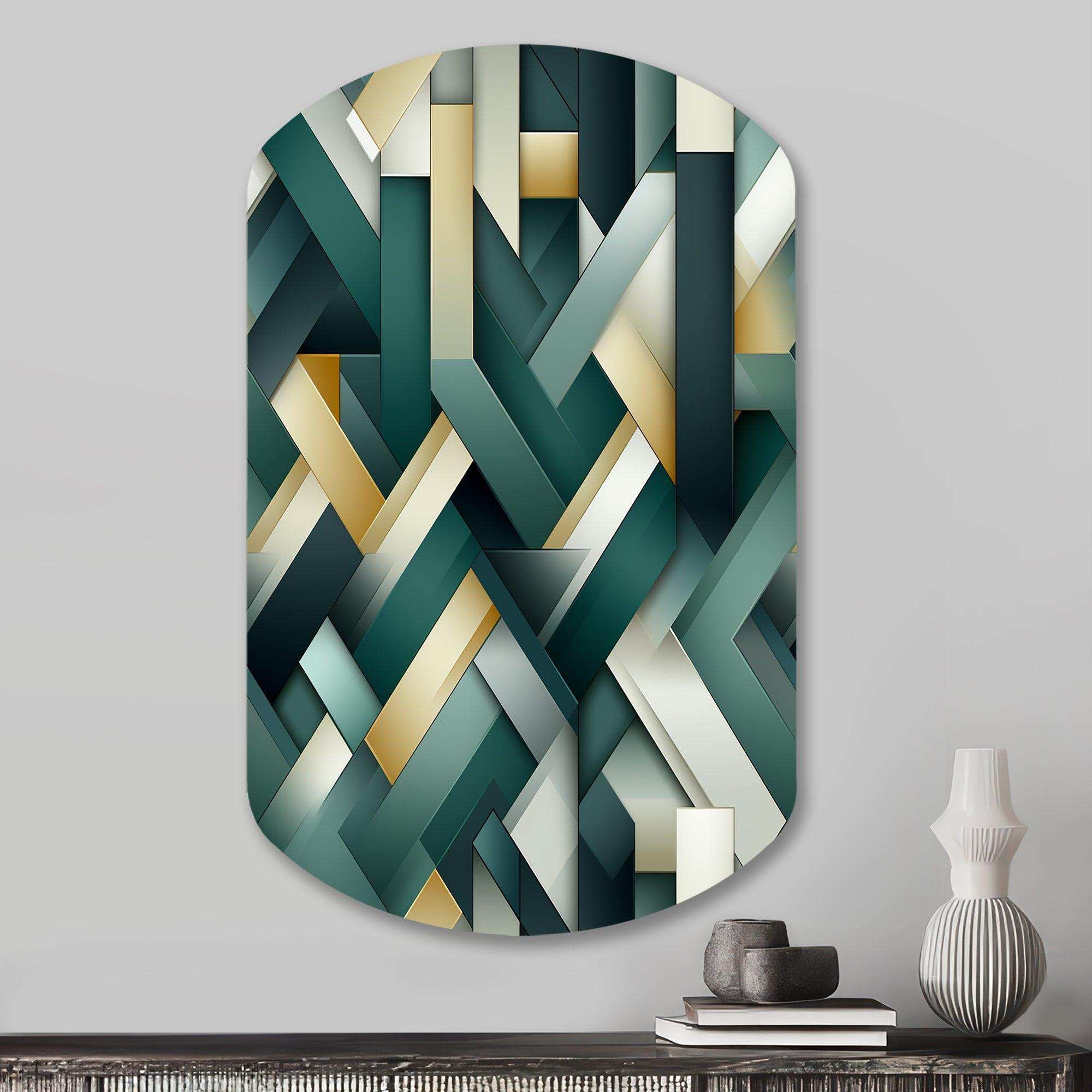 Green And Gold Geometric Chic Pattern - Asymmetric Metal Wall Art