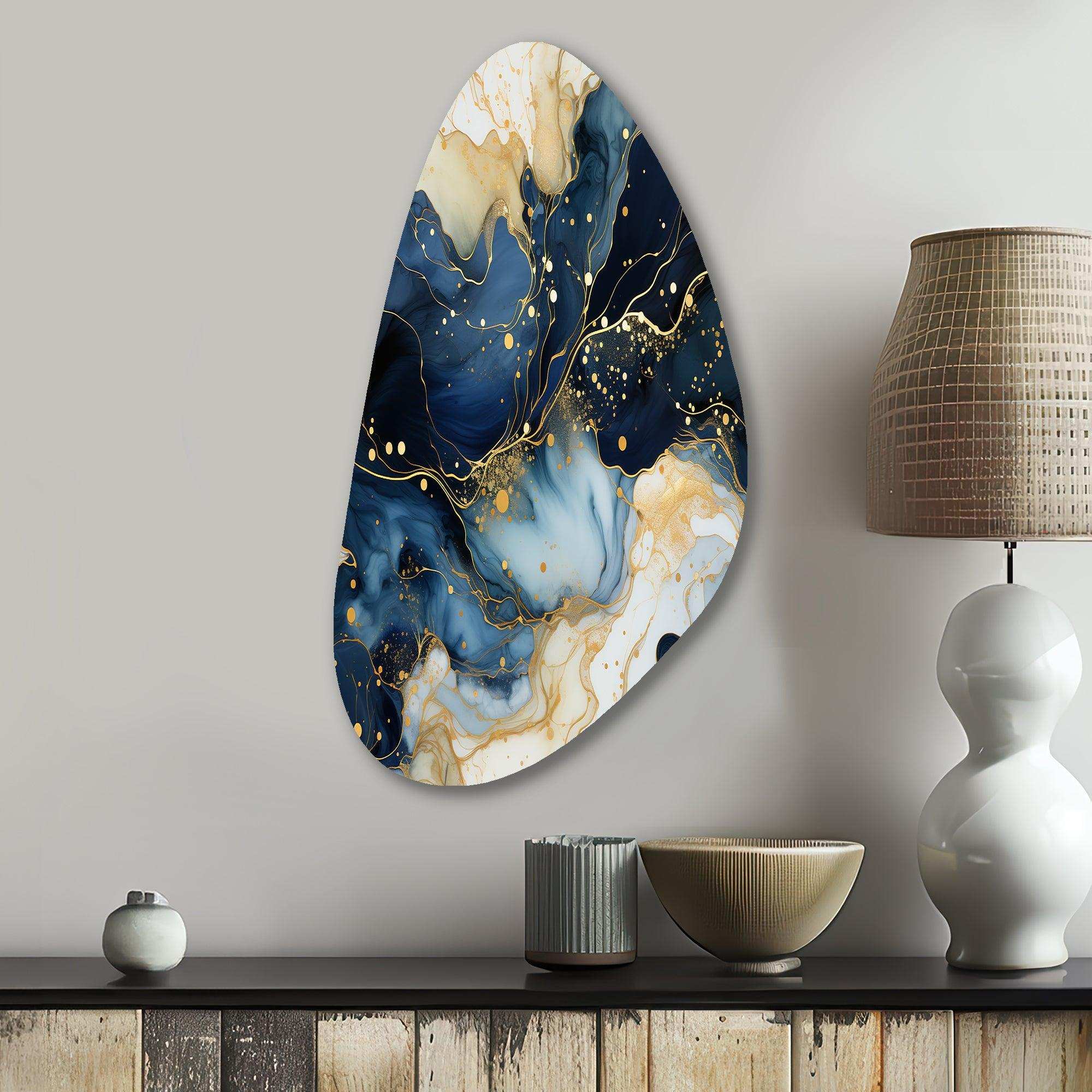 Celestial Gold And Blue Marble Pattern - Asymmetric Metal Wall Art