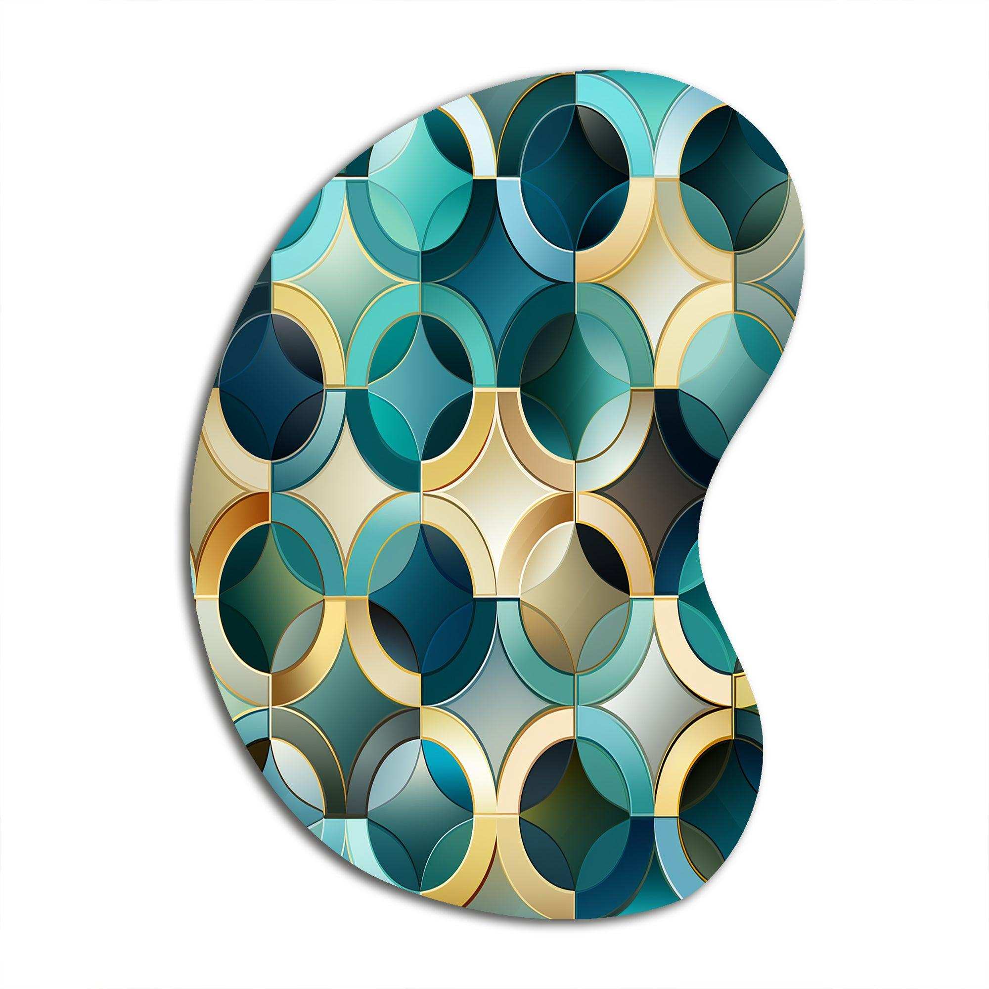 Teal And Golden Modern Geometric Tiles - Asymmetric Metal Wall Art