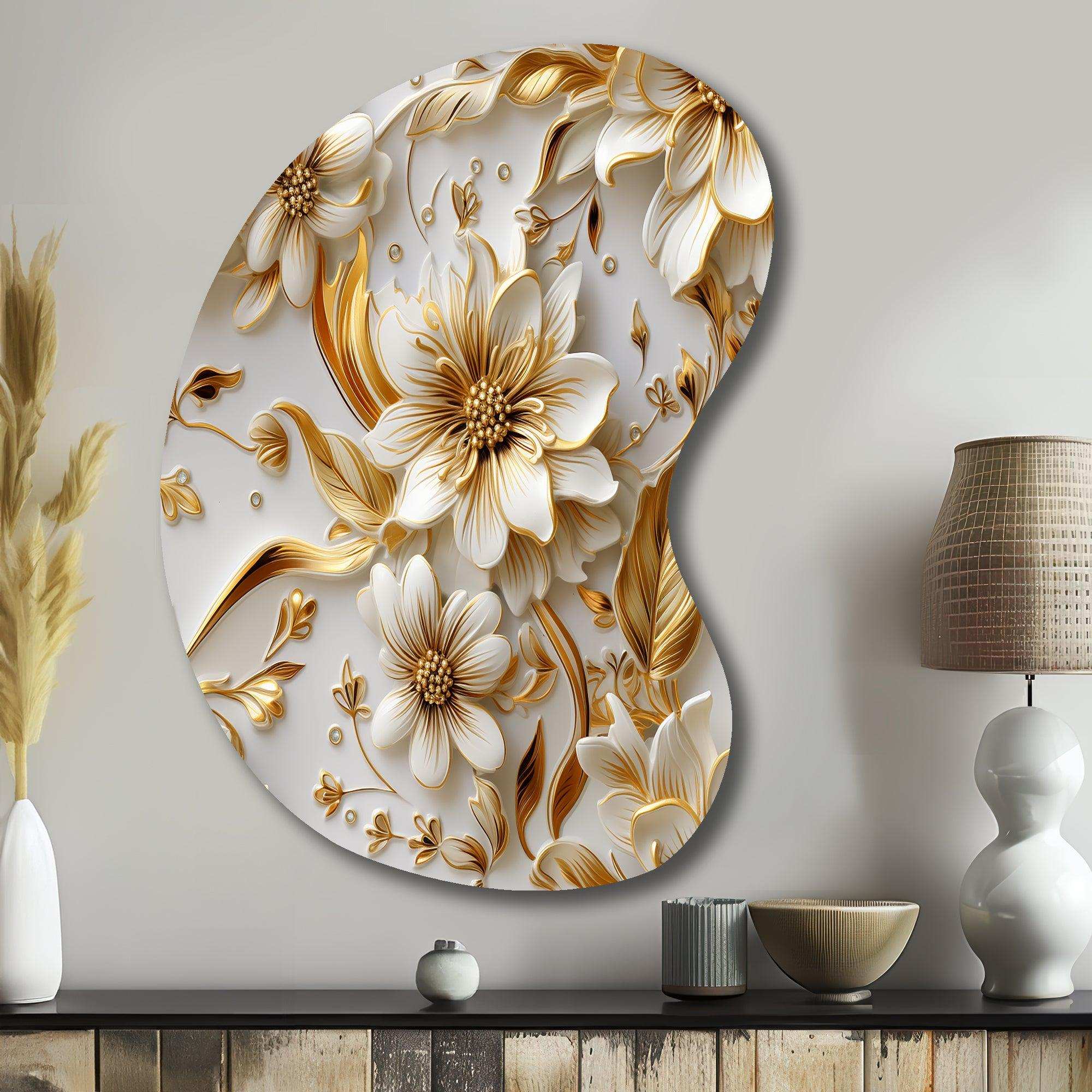 Golden White And Blue Flowers Elegance - Asymmetric Metal Wall Art