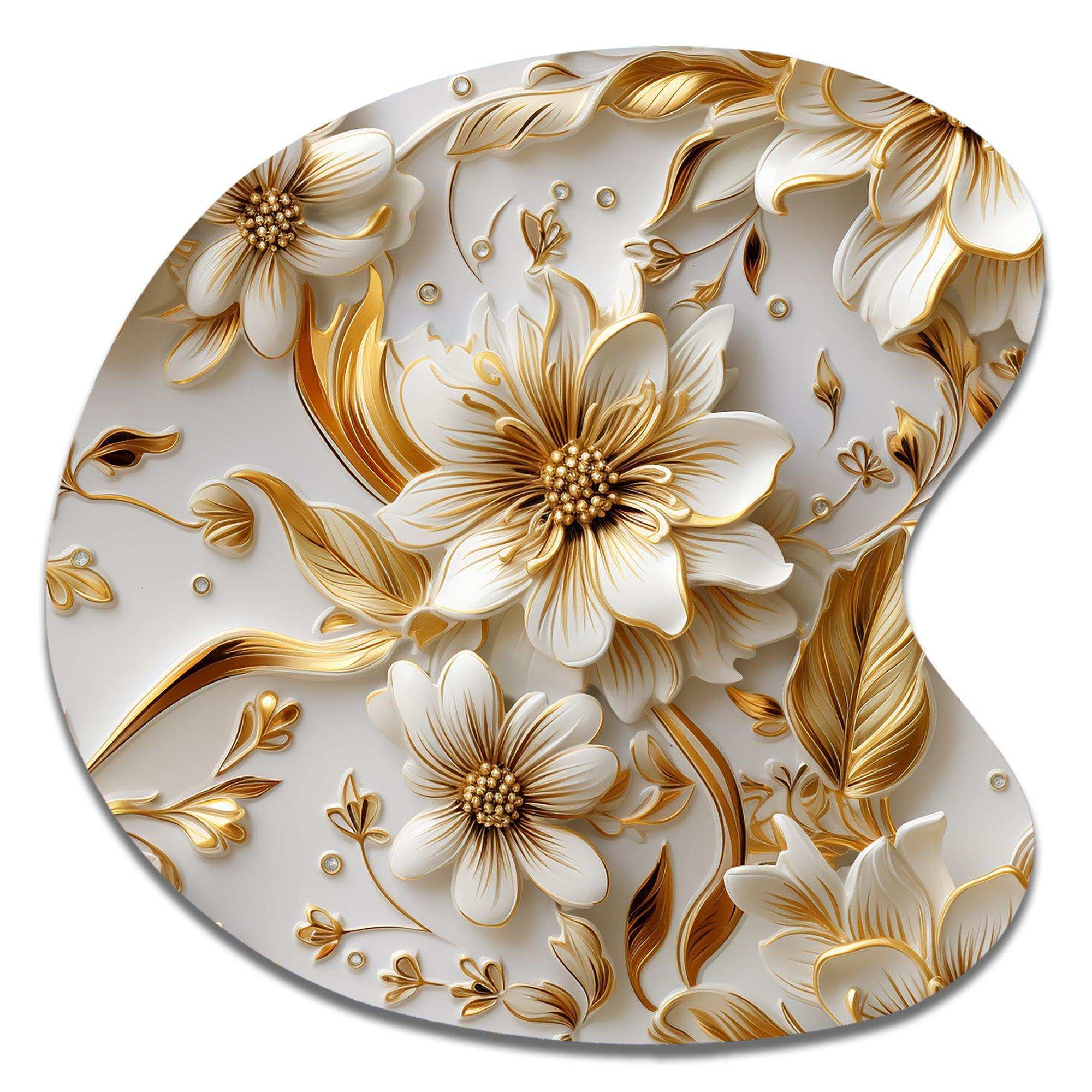 Golden White And Blue Flowers Elegance - Asymmetric Metal Wall Art