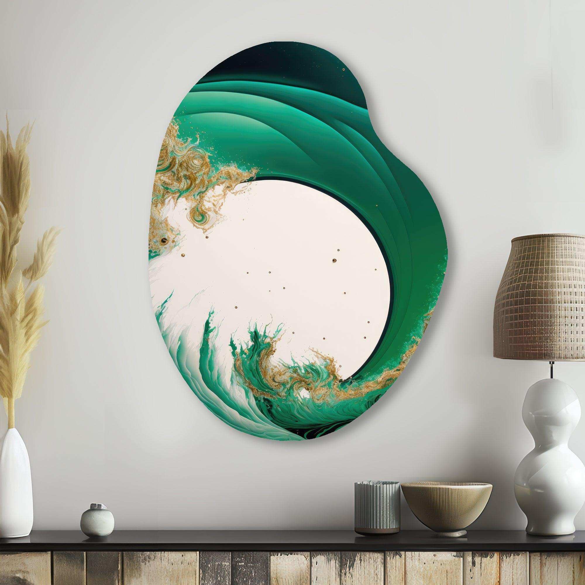 Emerald Green And Gold Abstract Waves III - Asymmetric Metal Wall Art