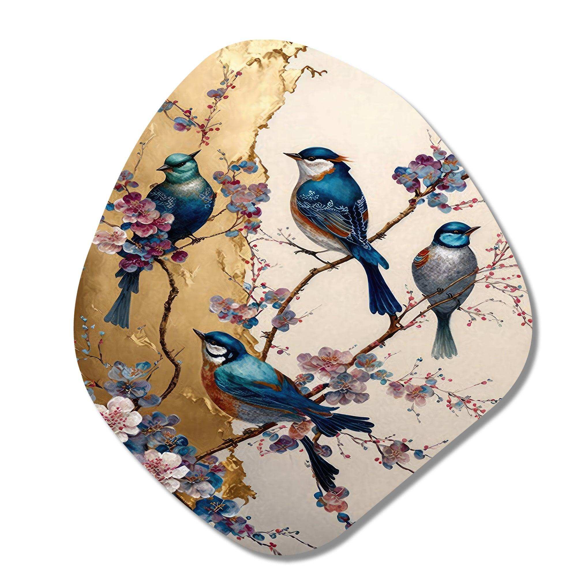 Multicolor Birds On Plum Blossoms Tree II - Asymmetric Metal Wall Art