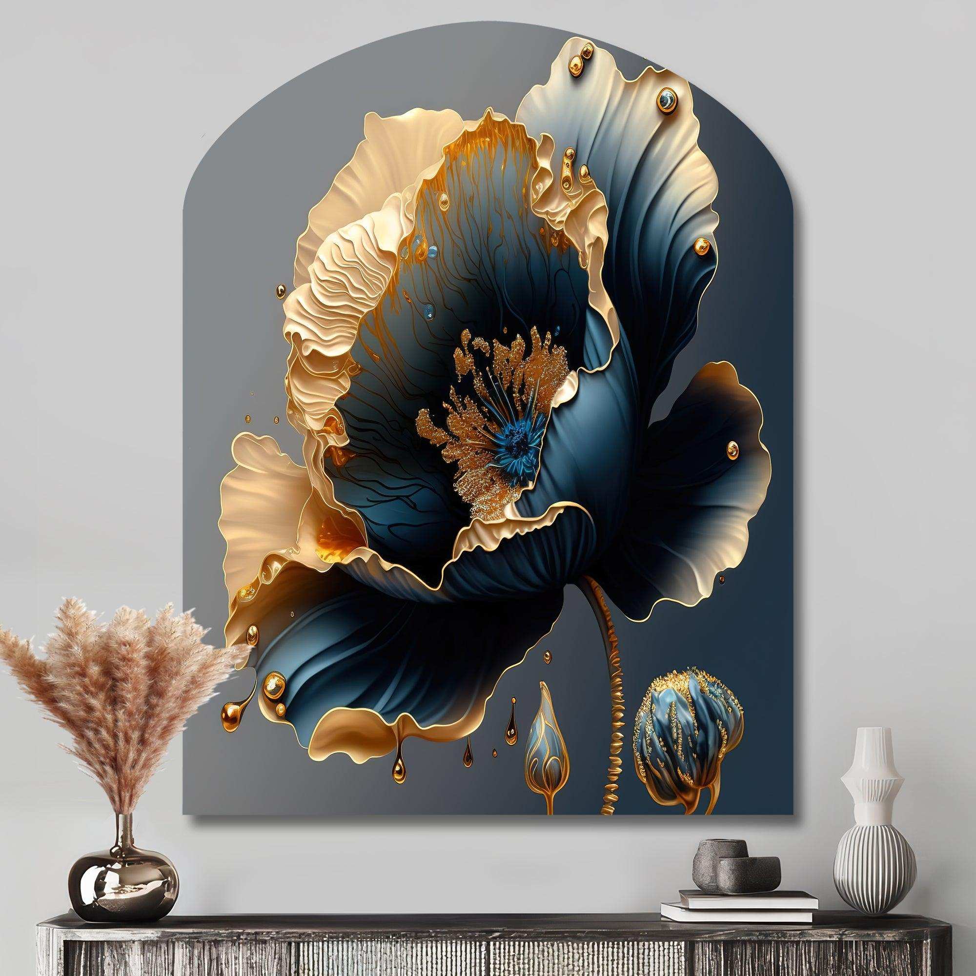 Deep Blue And Gold Single Flower IV - Asymmetric Metal Wall Art