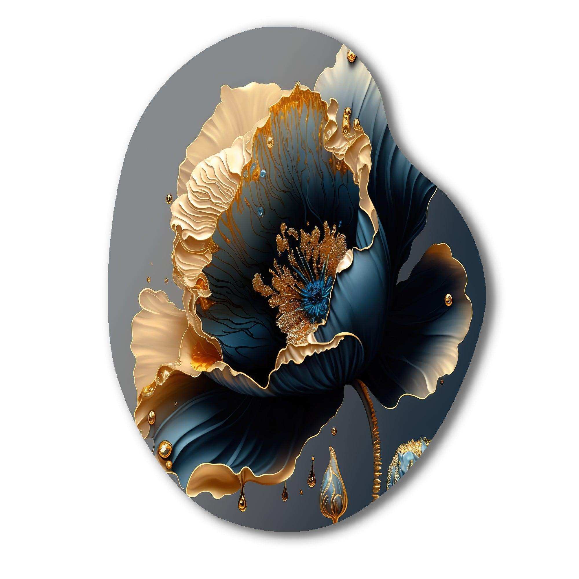 Deep Blue And Gold Single Flower IV - Asymmetric Metal Wall Art