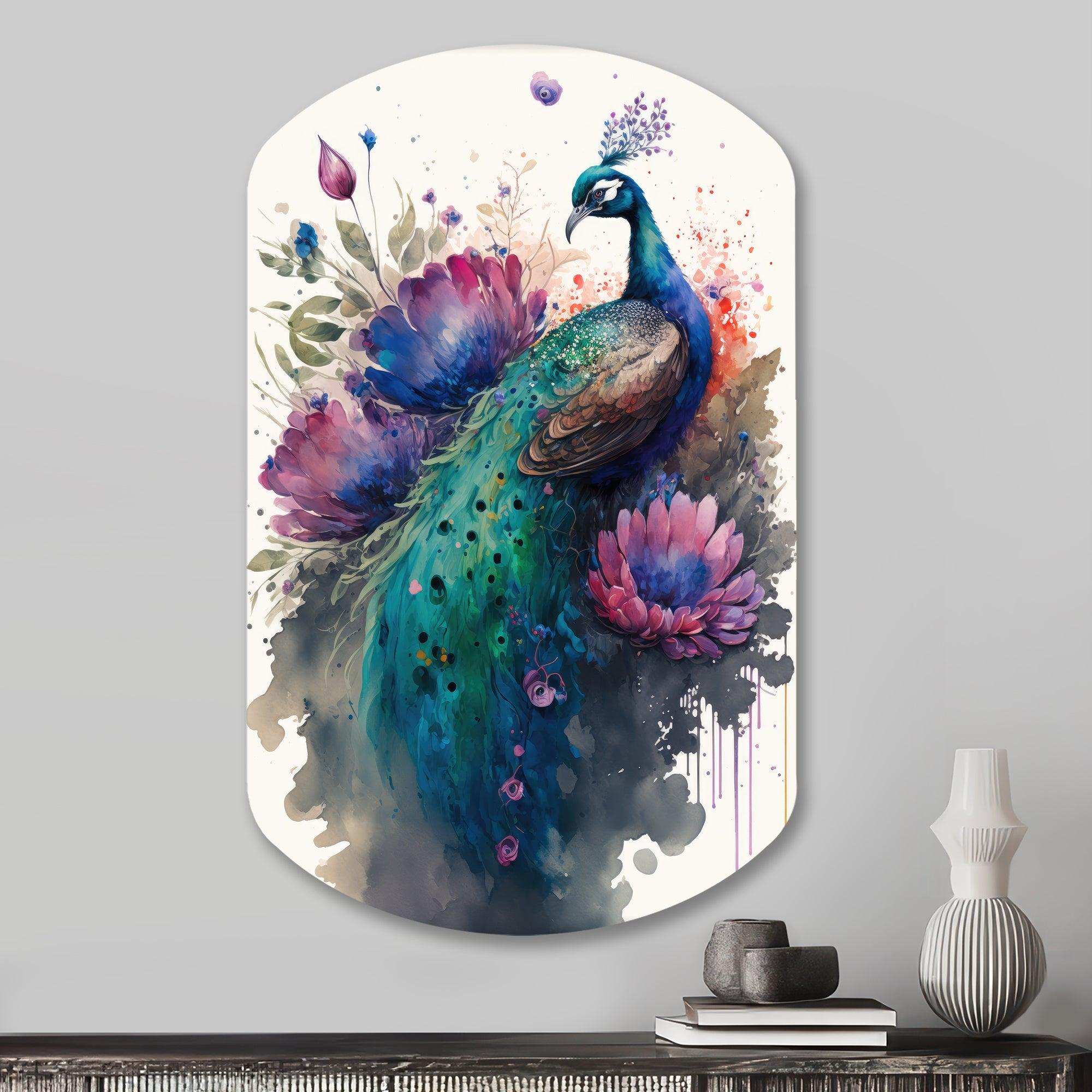 Cute Peacock Floral Art I - Asymmetric Metal Wall Art