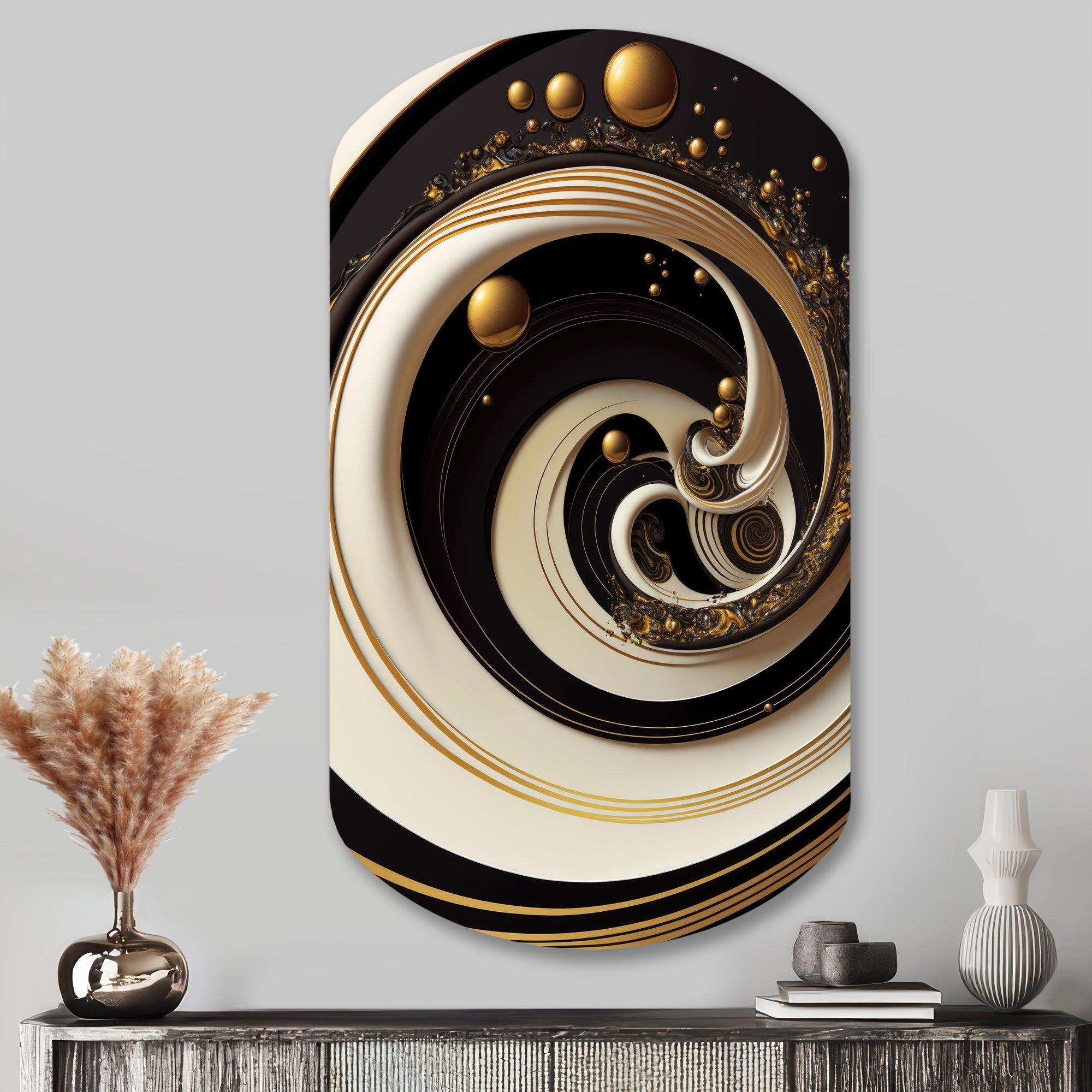 Black, Silver And Gold Blending Swirls VII - Asymmetric Metal Wall Art