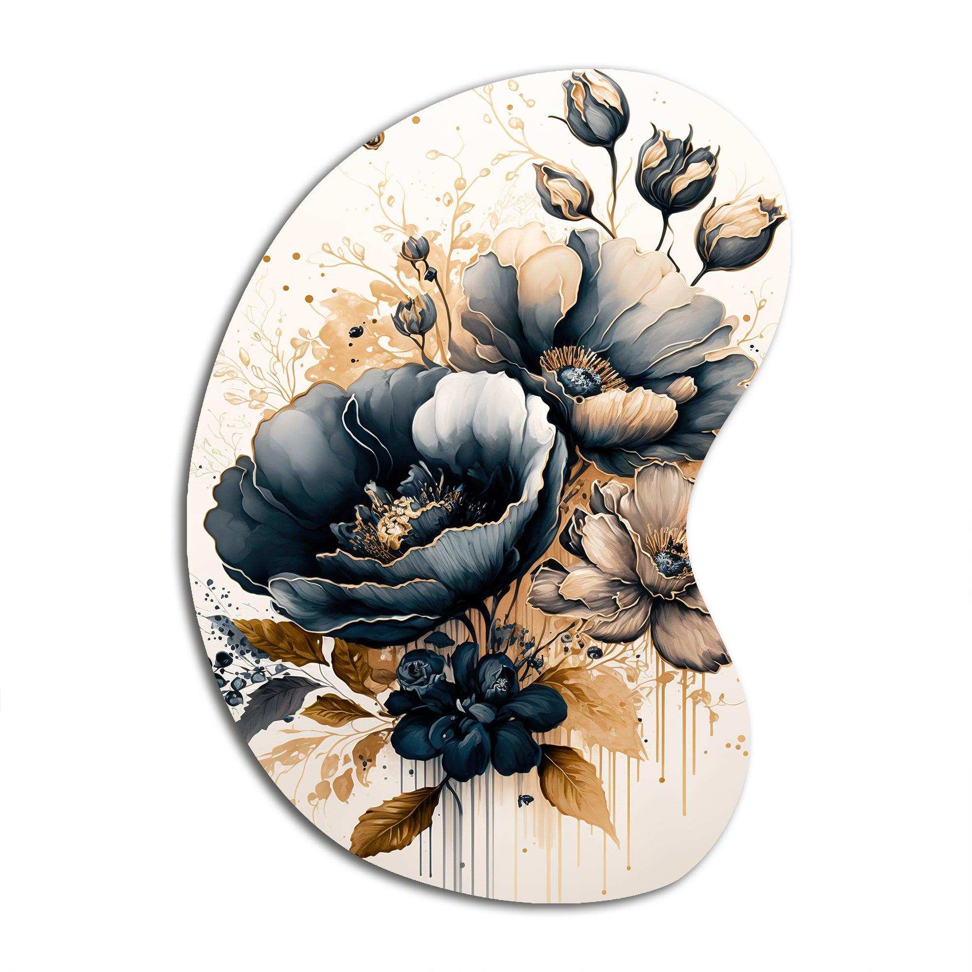 Navy Blue And Gold Poppy Flowers III - Asymmetric Metal Wall Art