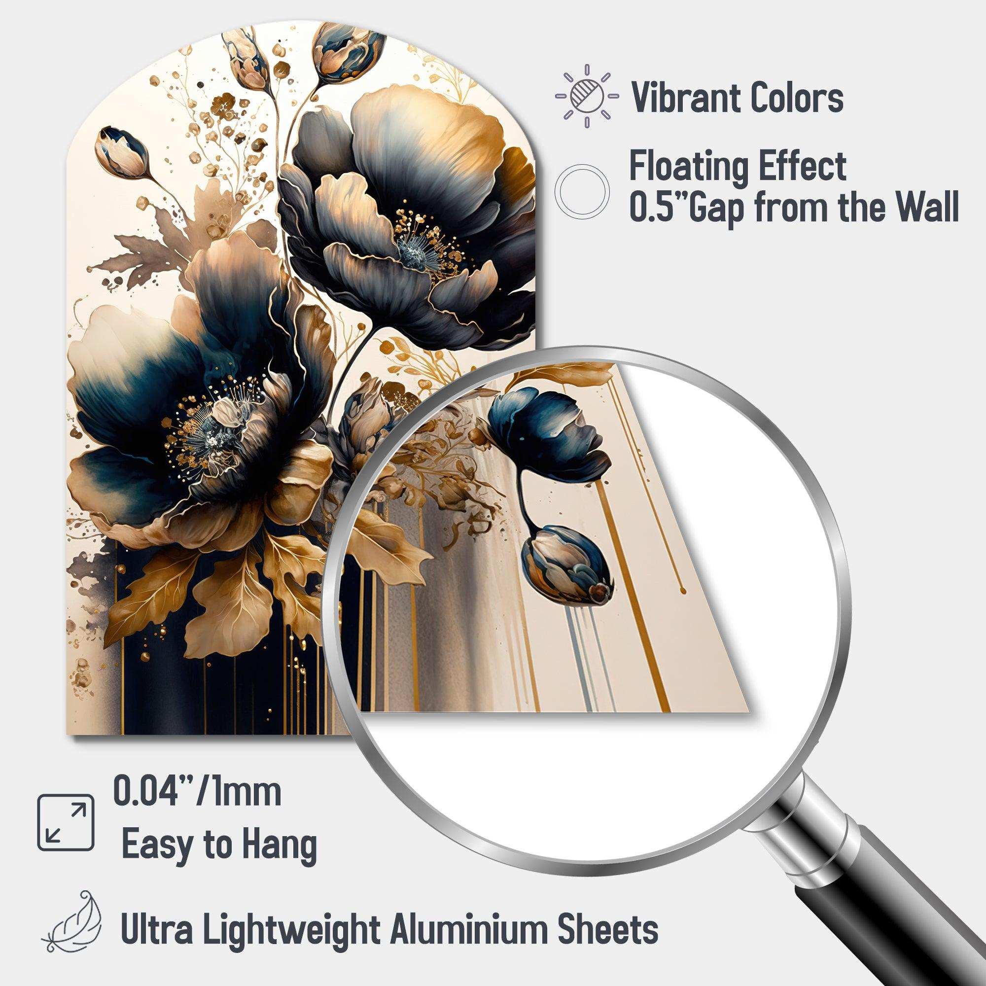 Navy Blue And Gold Poppy Flowers IV - Asymmetric Metal Wall Art