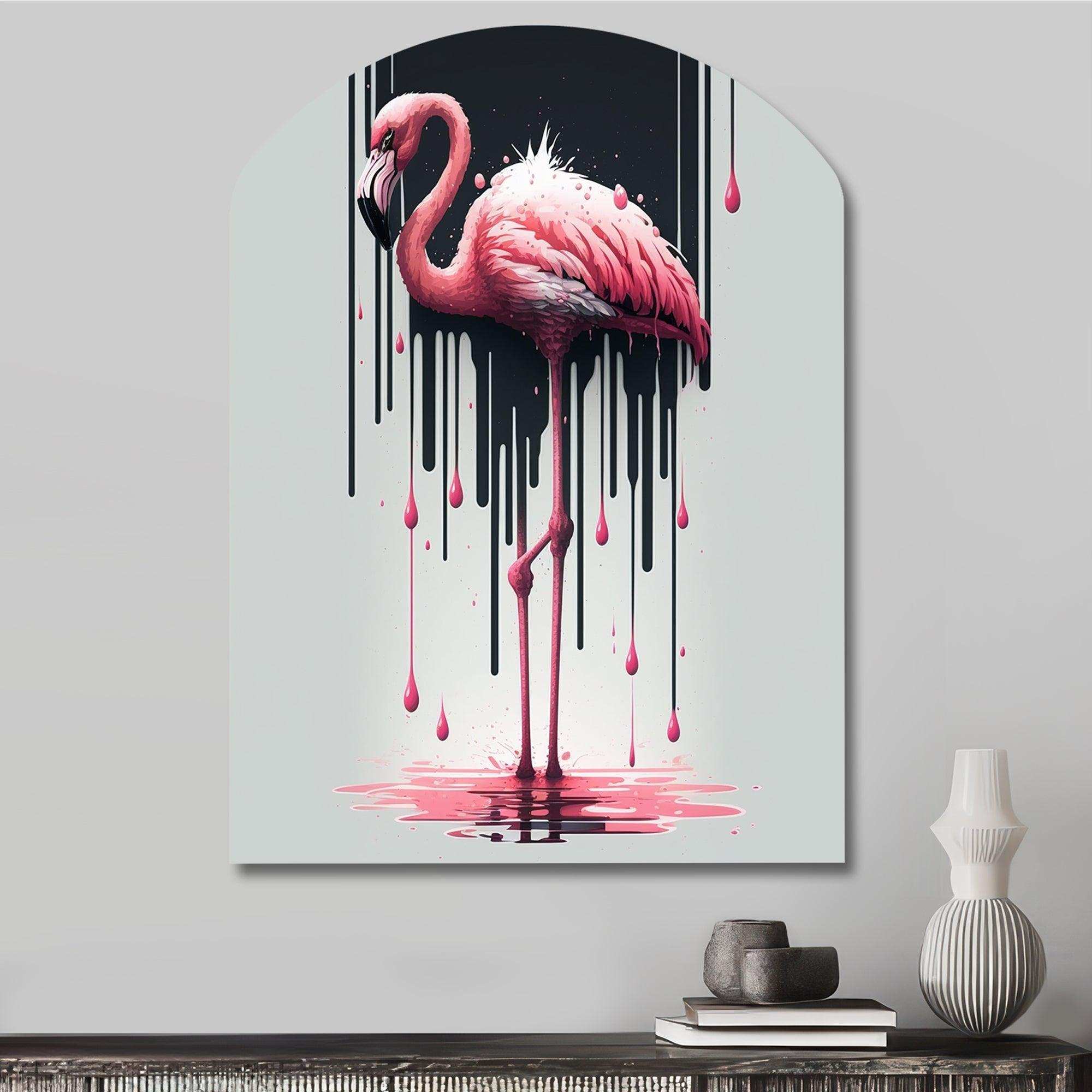 Flamingo With Paint Dripping1 - Asymmetric Metal Wall Art